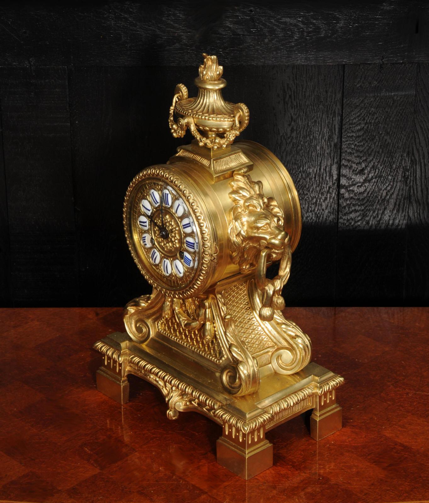 Antique Gilt Bronze Drum Head Clock with Lions Masks - Fully Restored For Sale 6