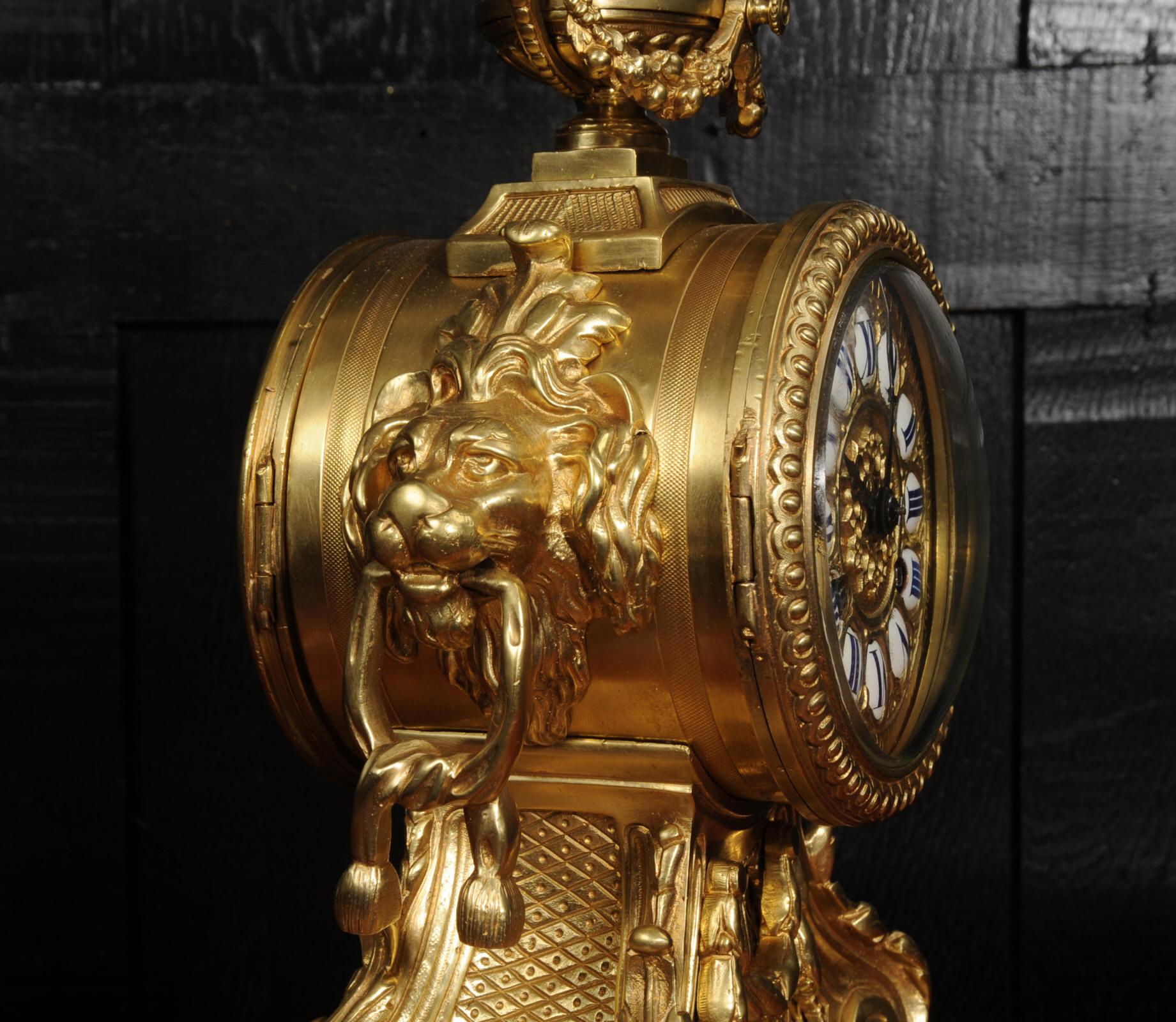 Antique Gilt Bronze Drum Head Clock with Lions Masks - Fully Restored For Sale 7