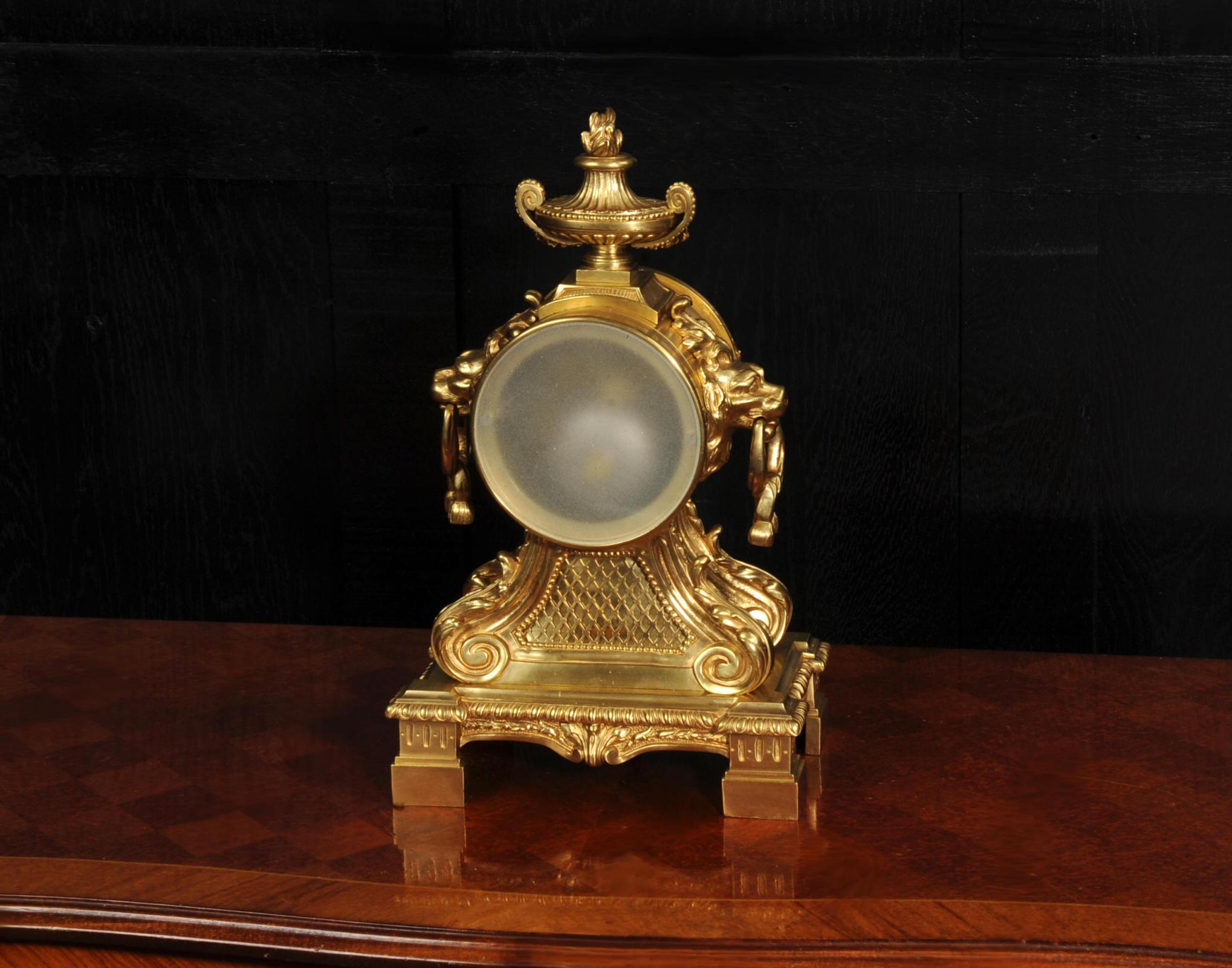 Antique Gilt Bronze Drum Head Clock with Lions Masks - Fully Restored For Sale 8