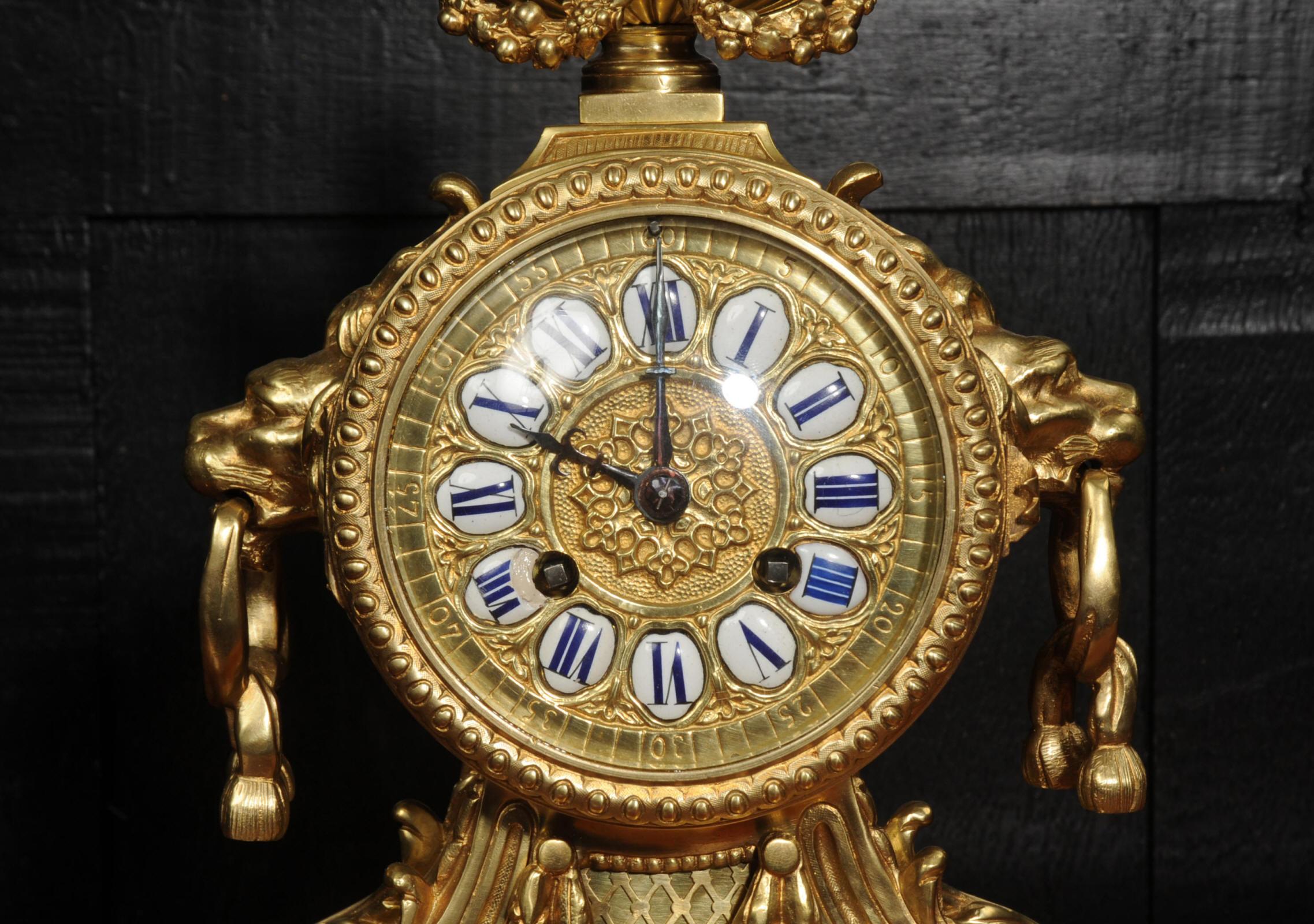 Antique Gilt Bronze Drum Head Clock with Lions Masks - Fully Restored For Sale 9