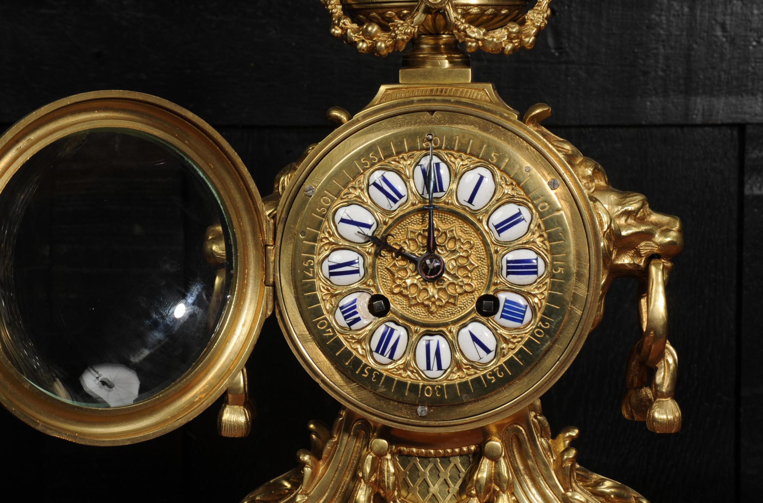 Antique Gilt Bronze Drum Head Clock with Lions Masks - Fully Restored For Sale 10