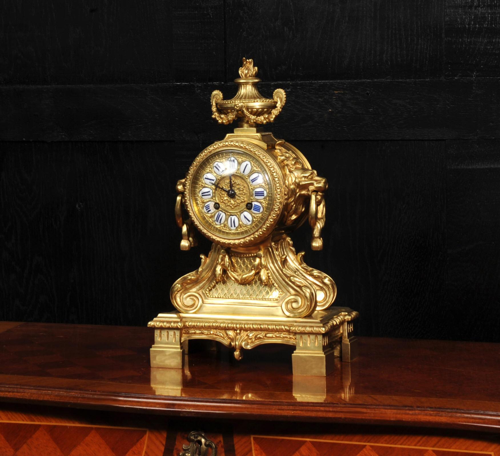 Louis XVI Antique Gilt Bronze Drum Head Clock with Lions Masks - Fully Restored For Sale