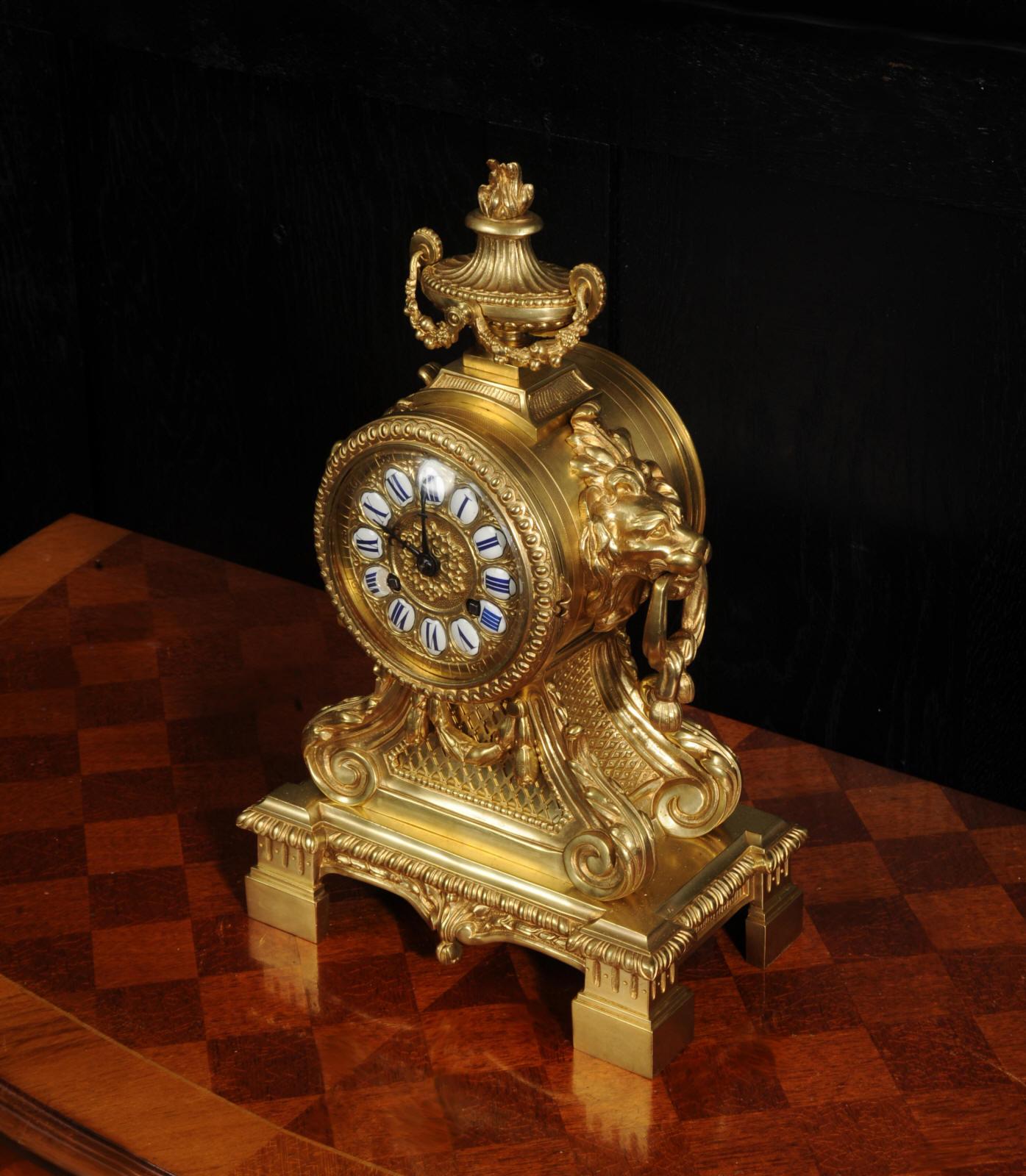 Antique Gilt Bronze Drum Head Clock with Lions Masks - Fully Restored In Good Condition For Sale In Belper, Derbyshire