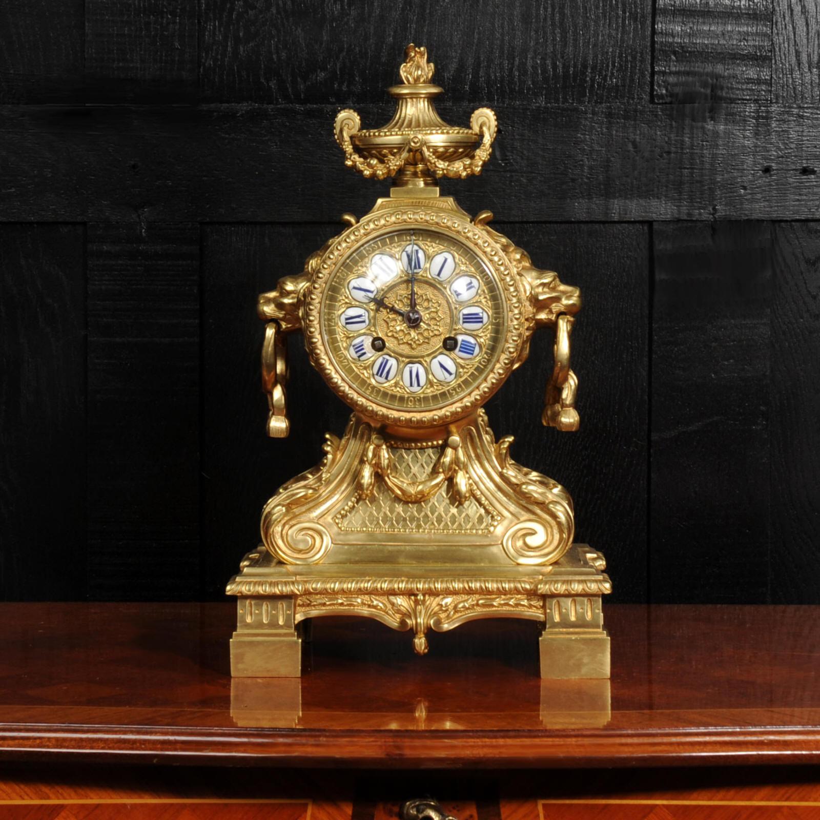 19th Century Antique Gilt Bronze Drum Head Clock with Lions Masks - Fully Restored For Sale