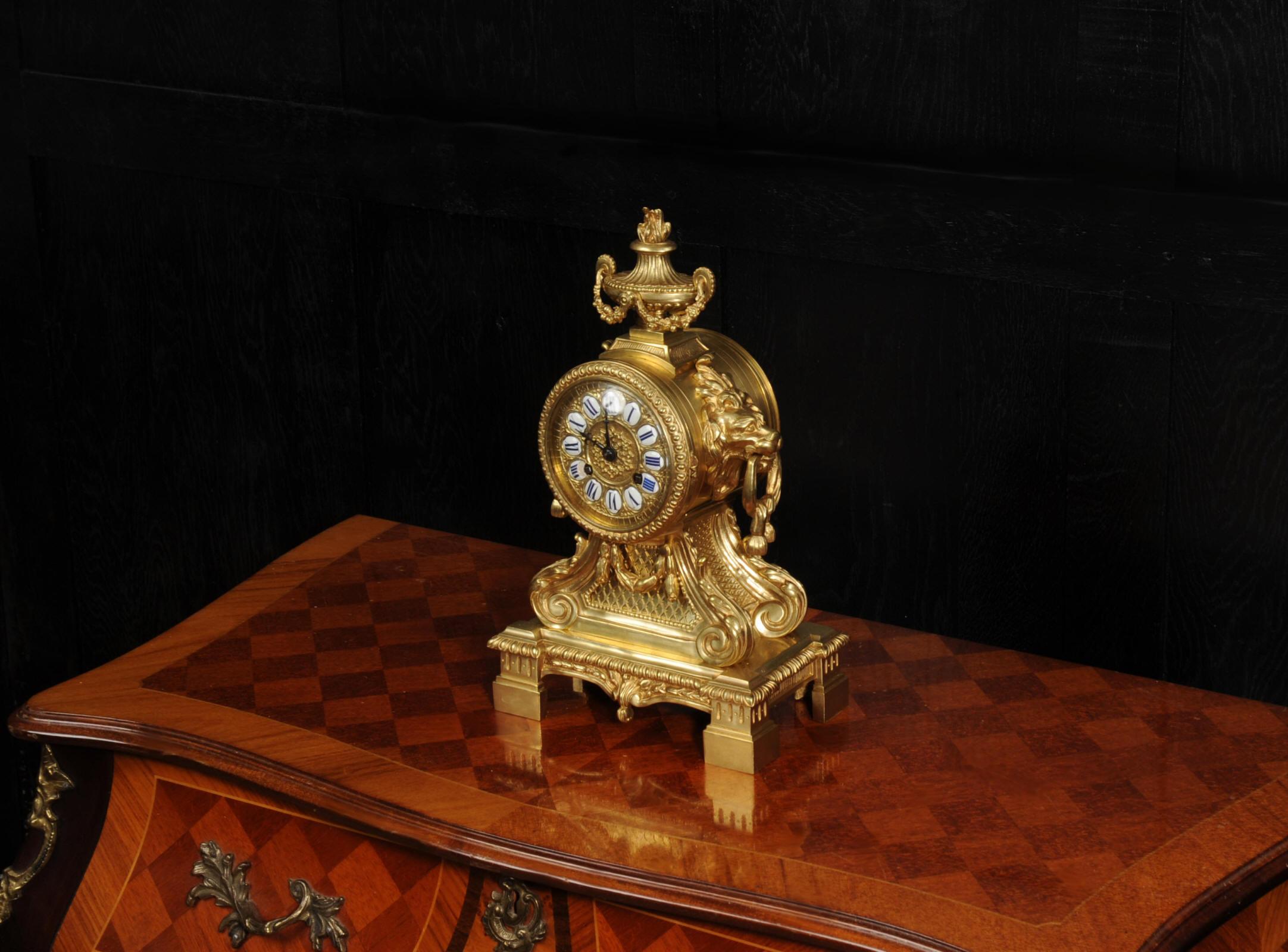 Antique Gilt Bronze Drum Head Clock with Lions Masks - Fully Restored For Sale 1