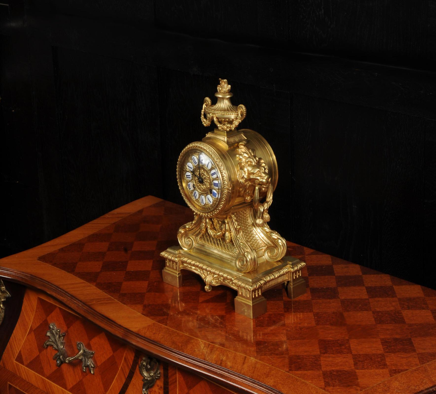 Antique Gilt Bronze Drum Head Clock with Lions Masks - Fully Restored For Sale 2