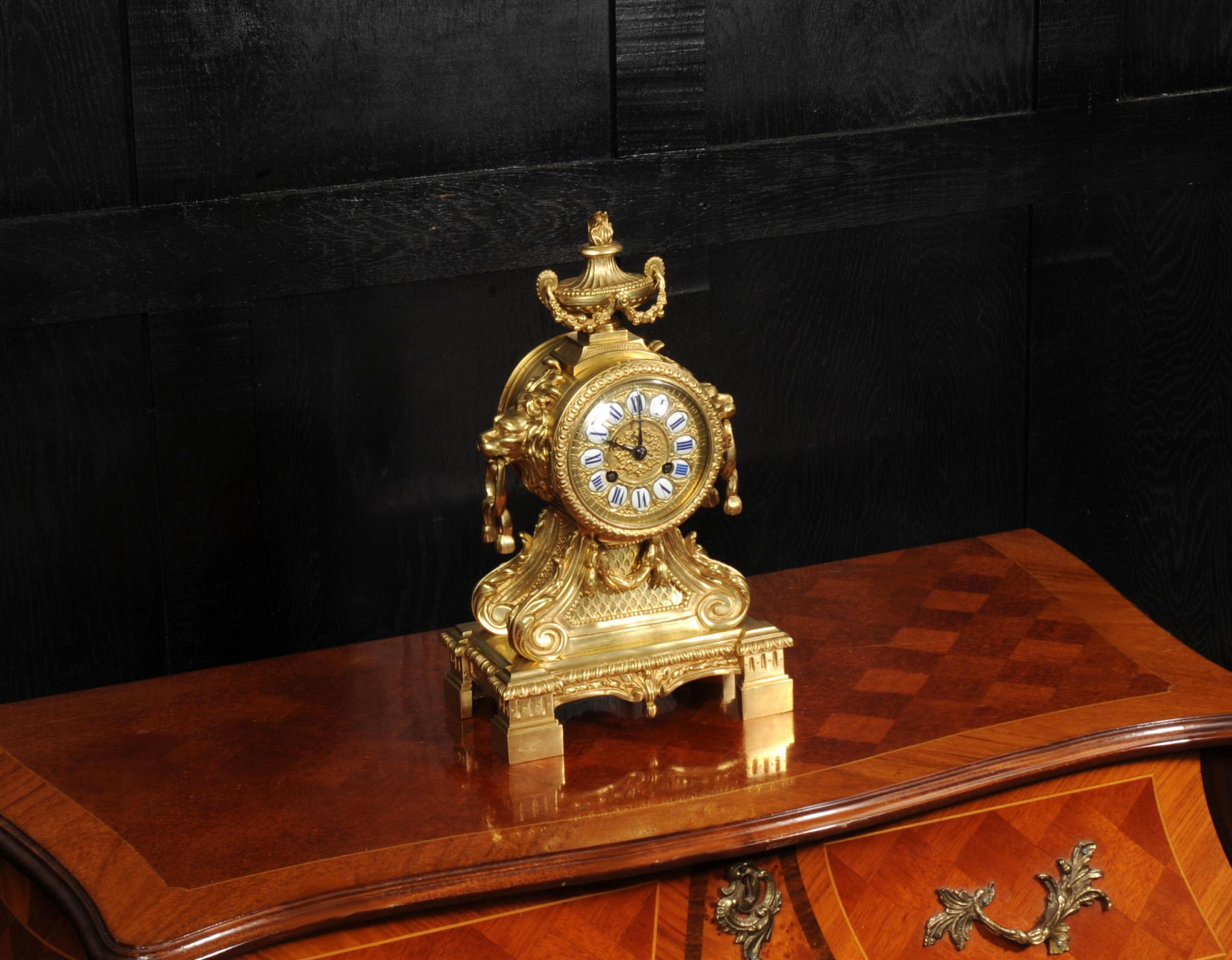 Antique Gilt Bronze Drum Head Clock with Lions Masks - Fully Restored For Sale 3