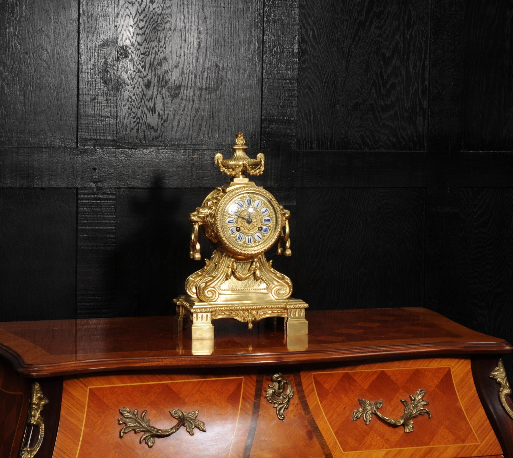 Antique Gilt Bronze Drum Head Clock with Lions Masks - Fully Restored For Sale 4