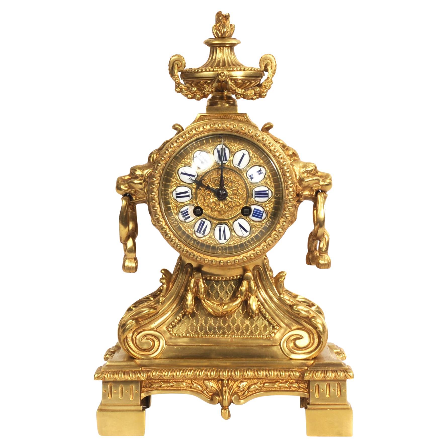 Antique Gilt Bronze Drum Head Clock with Lions Masks - Fully Restored For Sale