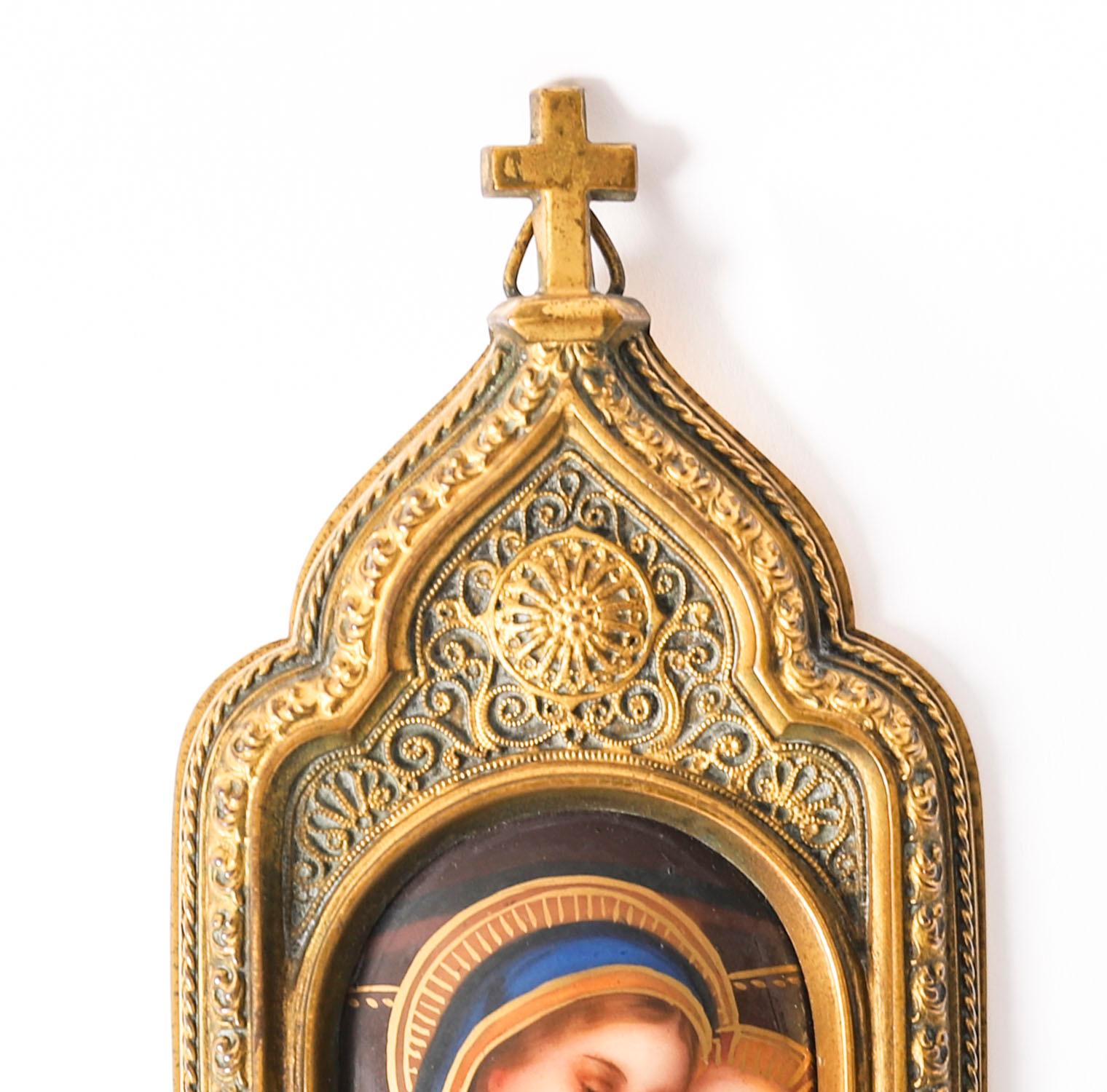 Gothic Revival Antique Gilt Bronze & Enamel Holy Water Font Stoop & Cut Crystal 19th Century
