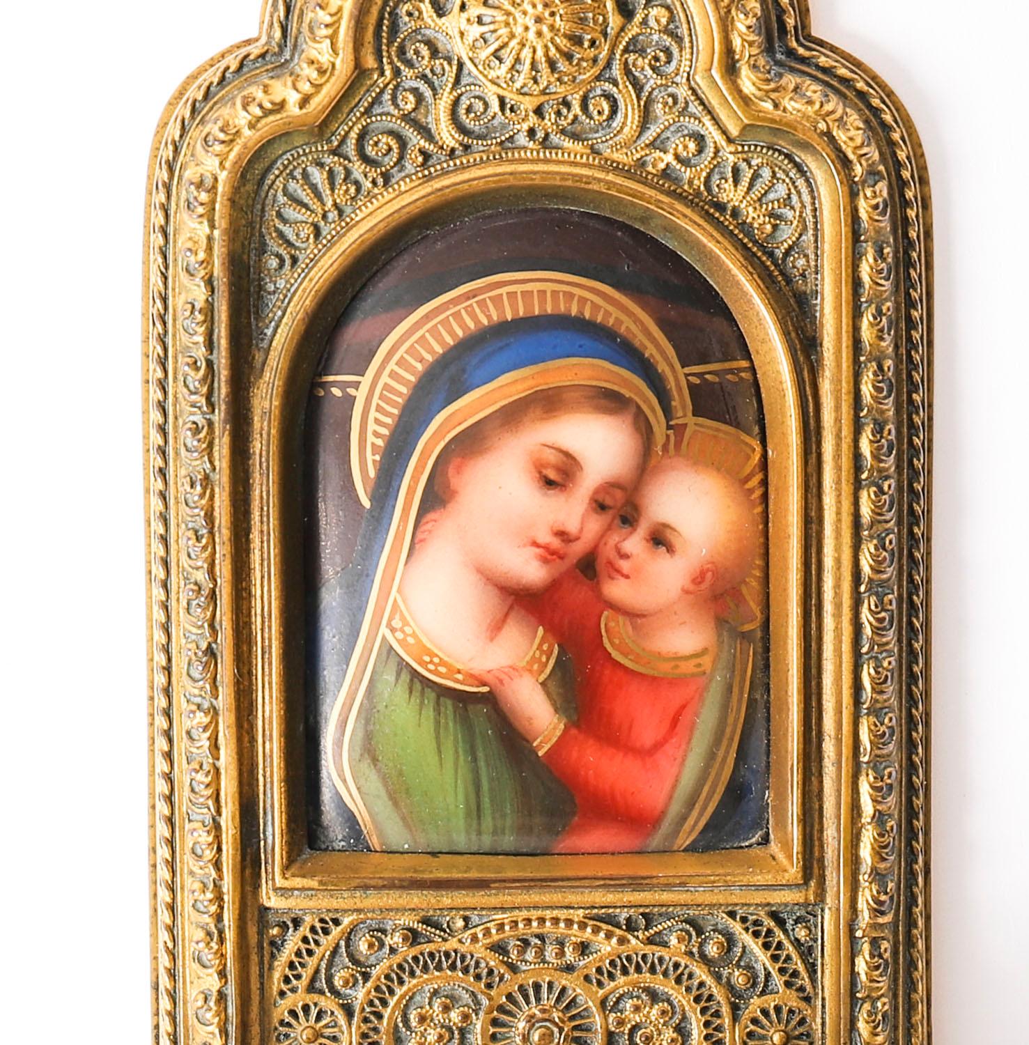 Antique Gilt Bronze & Enamel Holy Water Font Stoop & Cut Crystal 19th Century In Good Condition In London, GB