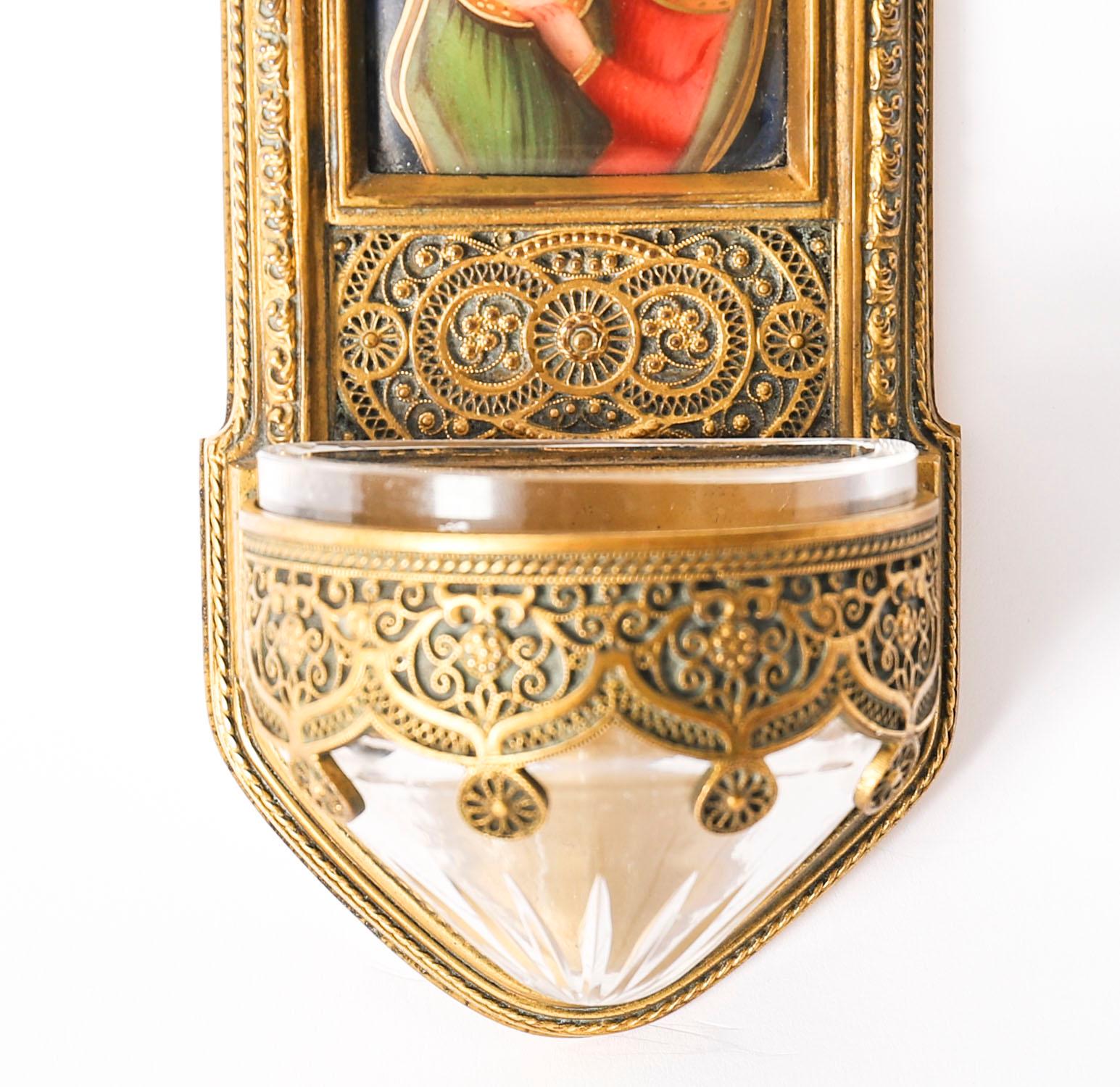 Antique Gilt Bronze & Enamel Holy Water Font Stoop & Cut Crystal 19th Century 2