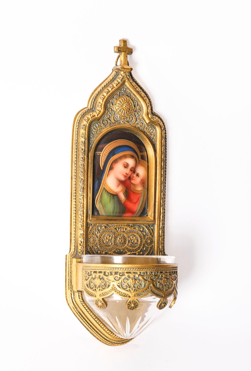 Antique Gilt Bronze & Enamel Holy Water Font Stoop & Cut Crystal 19th Century 3