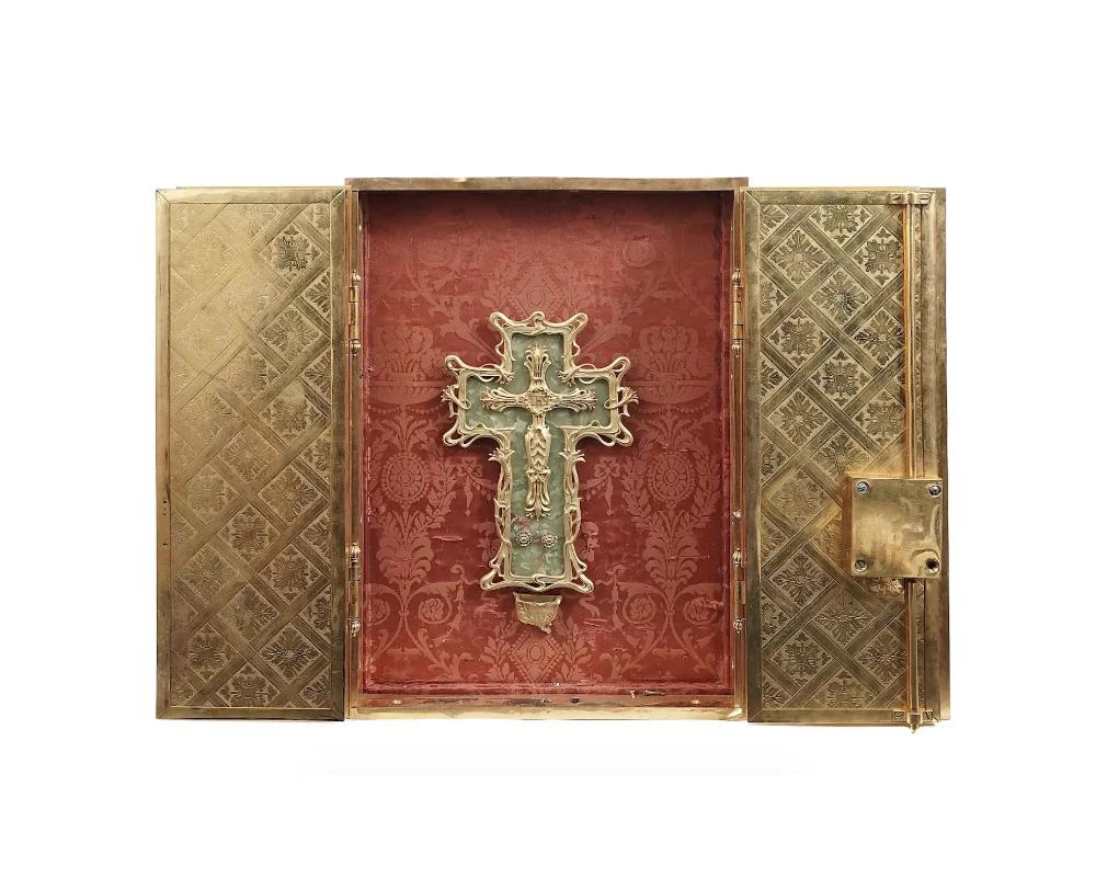 Antique Gilt Bronze Enamel Travel Altar Triptych In Good Condition For Sale In New York, NY