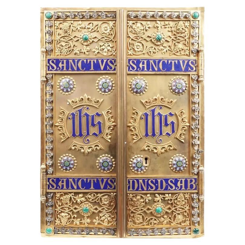 Antique Gilt Bronze Enamel Travel Altar Triptych For Sale