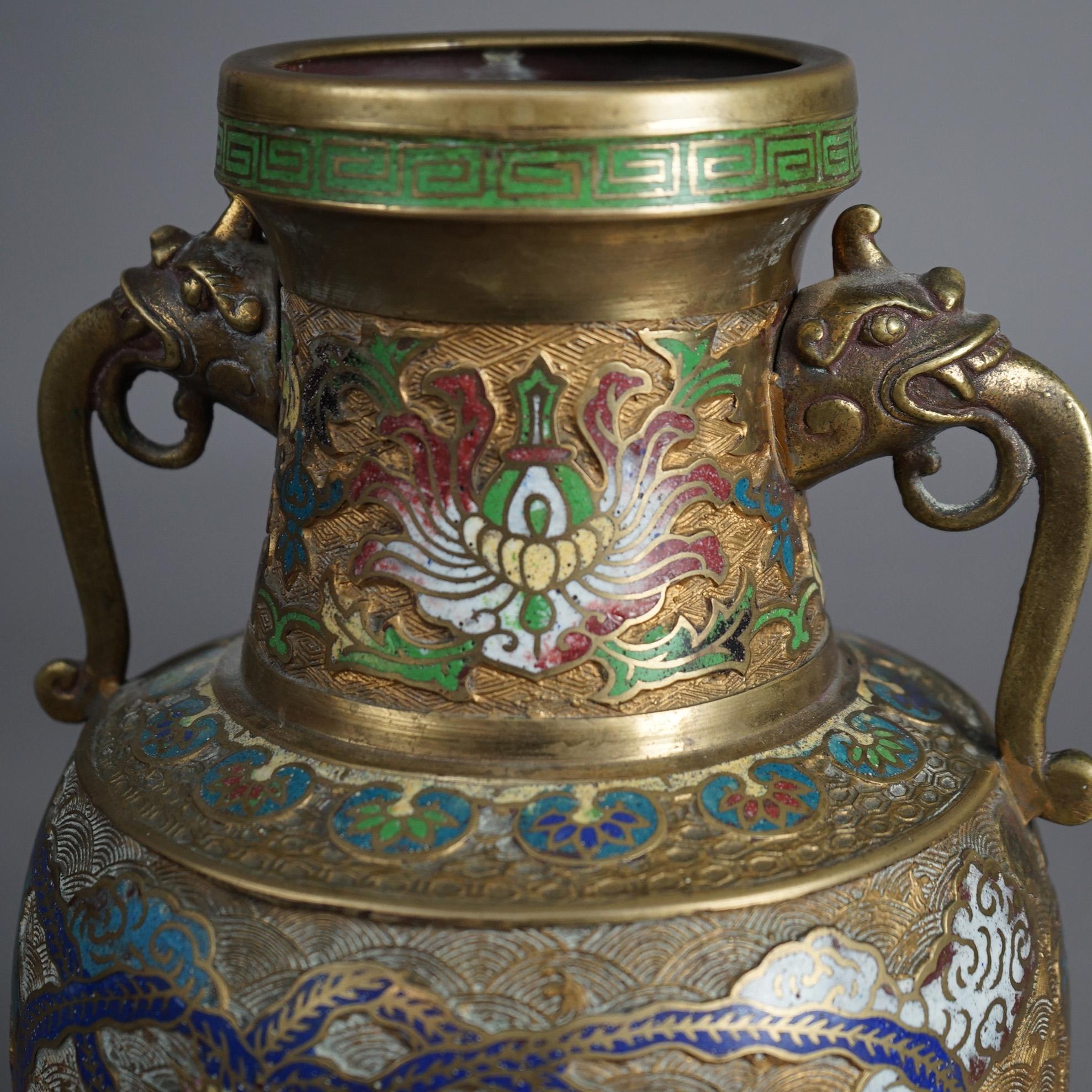 Antique Gilt Bronze & Enameled Cloisonne Figural Oriental Dragon Vase c1920 5
