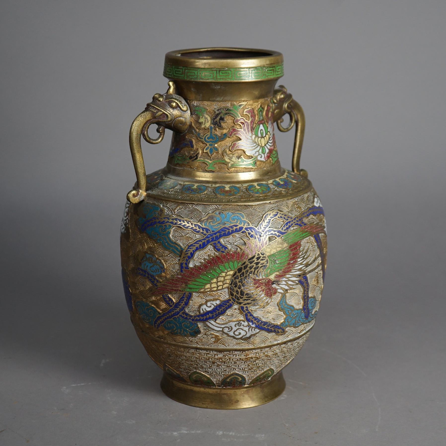 Japanese Antique Gilt Bronze & Enameled Cloisonne Figural Oriental Dragon Vase c1920