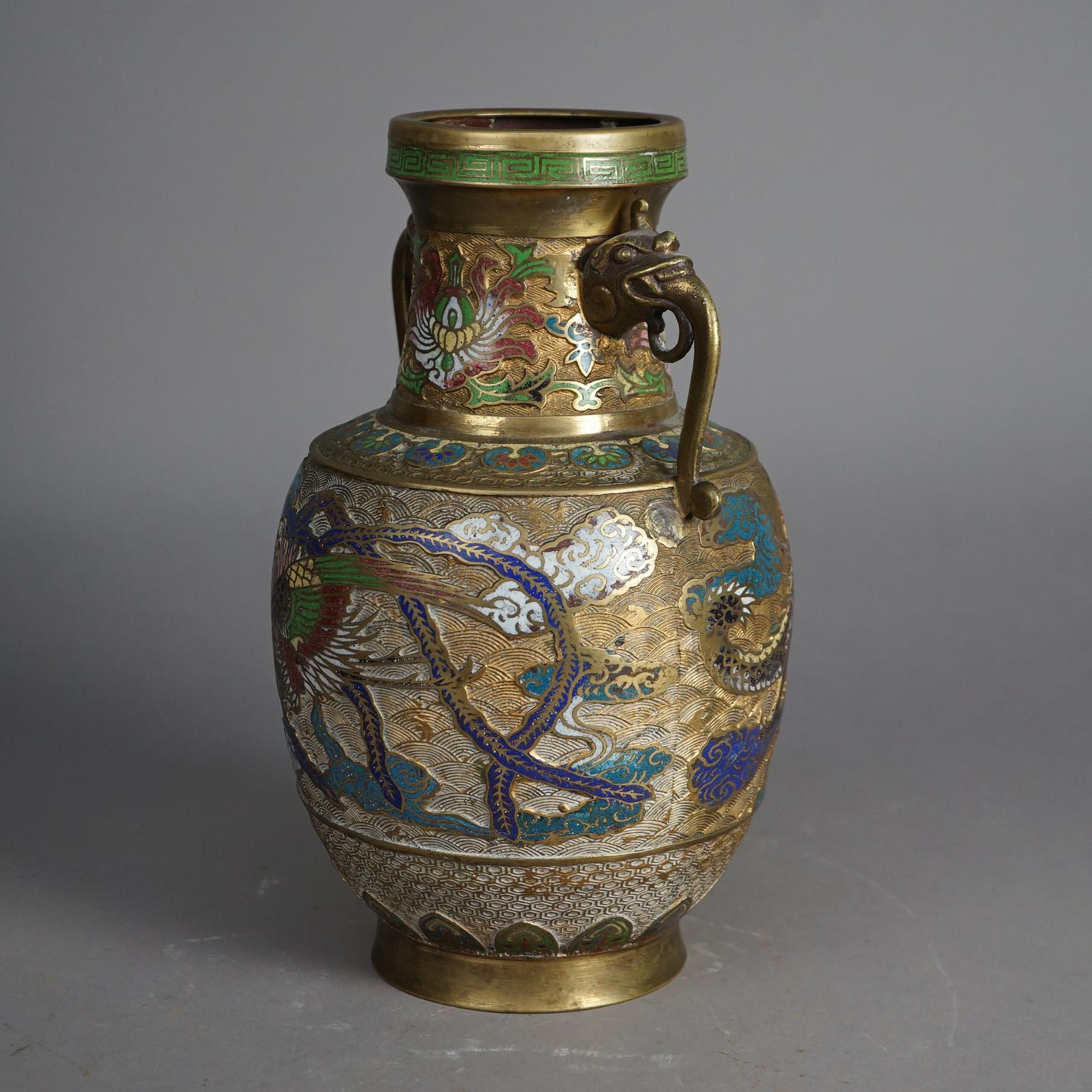 Antique Gilt Bronze & Enameled Cloisonne Figural Oriental Dragon Vase c1920 In Good Condition In Big Flats, NY
