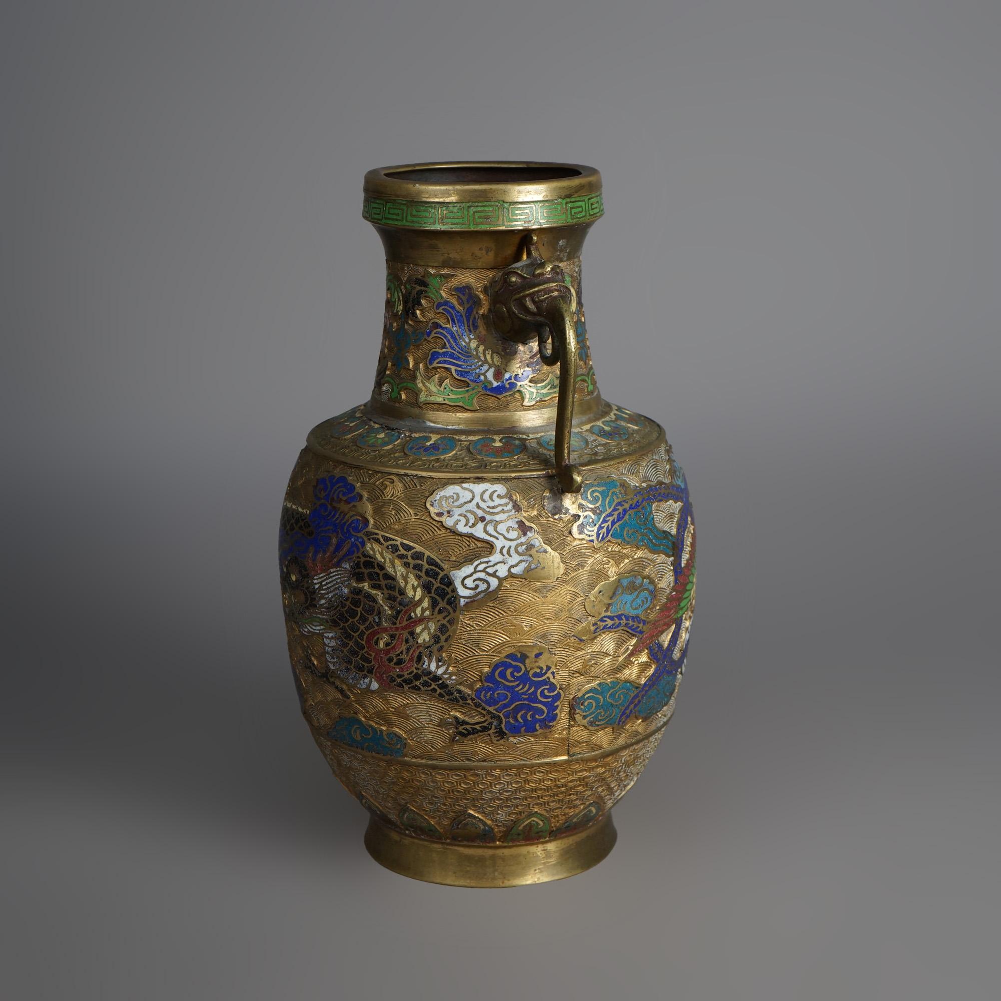 20th Century Antique Gilt Bronze & Enameled Cloisonne Figural Oriental Dragon Vase c1920