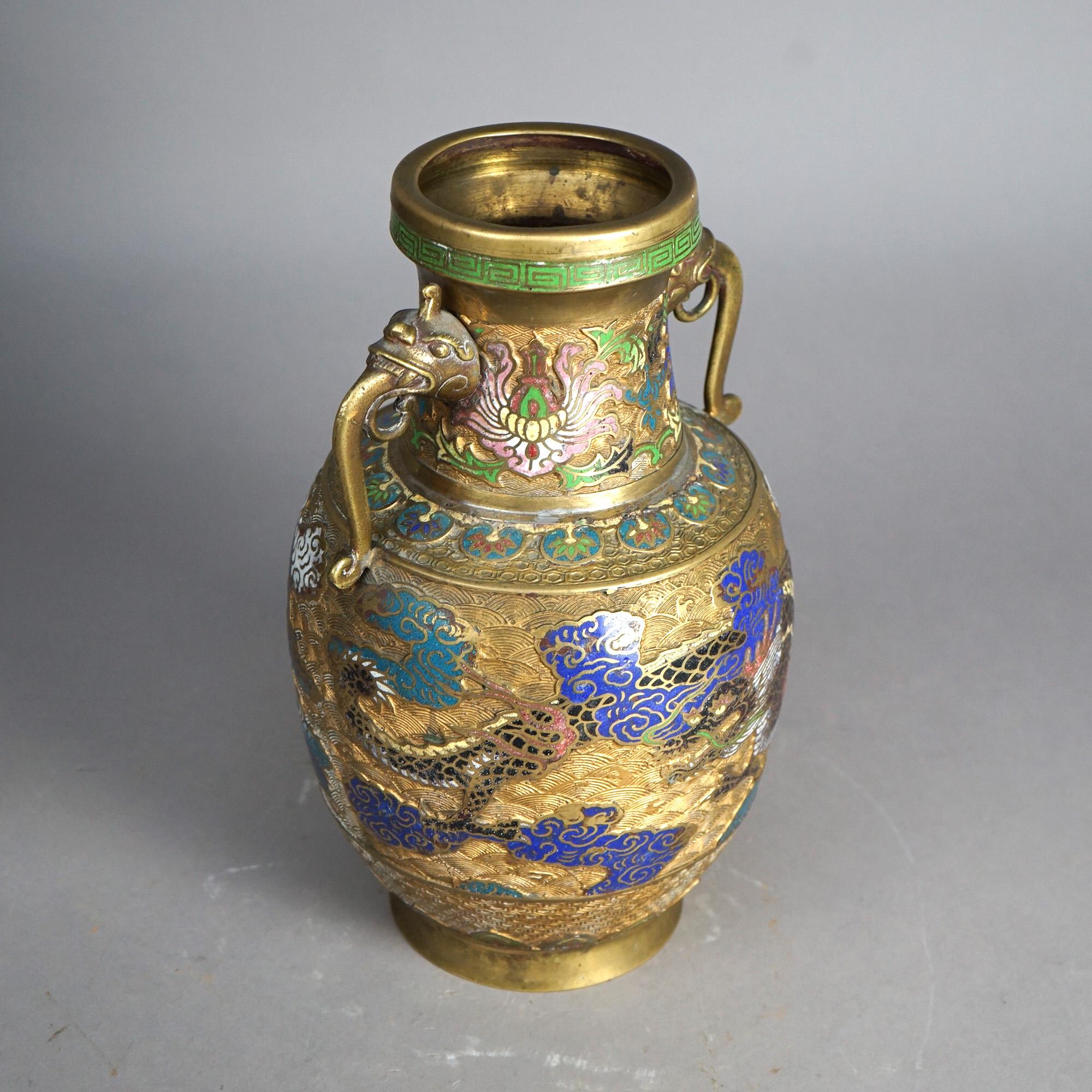 Antique Gilt Bronze & Enameled Cloisonne Figural Oriental Dragon Vase c1920 1