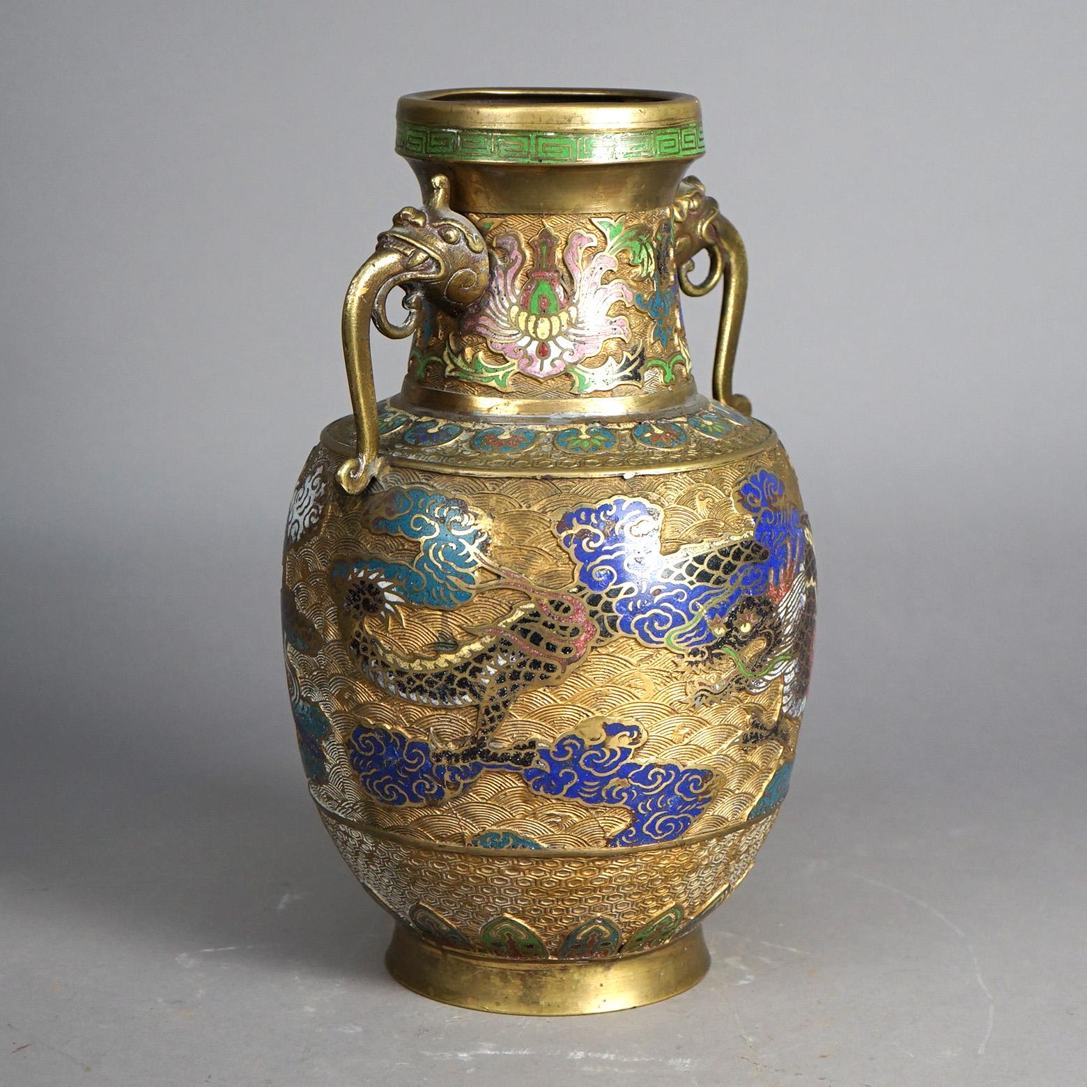 Antique Gilt Bronze & Enameled Cloisonne Figural Oriental Dragon Vase c1920 2