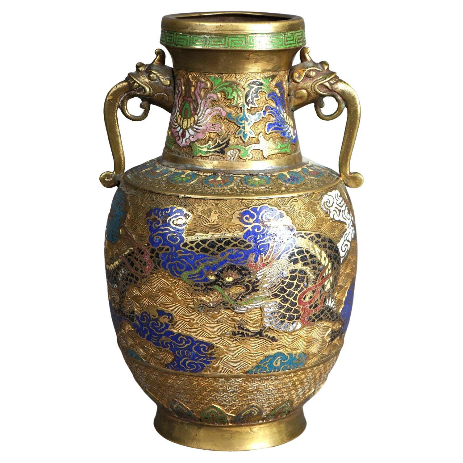 Antique Gilt Bronze & Enameled Cloisonne Figural Oriental Dragon Vase c1920