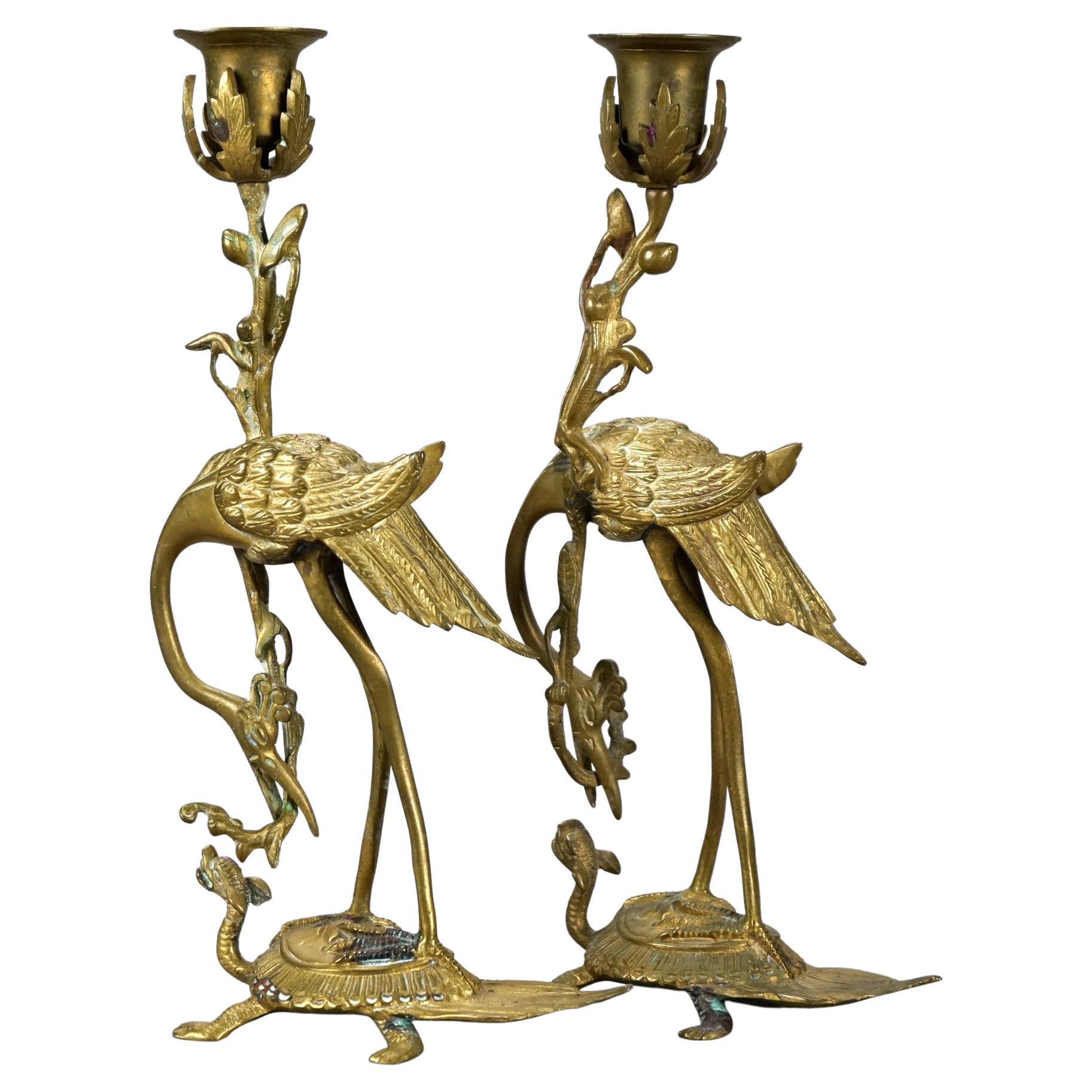 Antique Gilt Bronze Figural Heron 
Turtle Candlesticks 19th C.