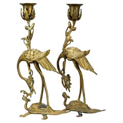 Antique Gilt Bronze Figural Heron & Turtle Candlesticks 19th C.