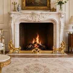 Antique Gilt Bronze Fireplace Fender with Chenets by Bouhon, Paris