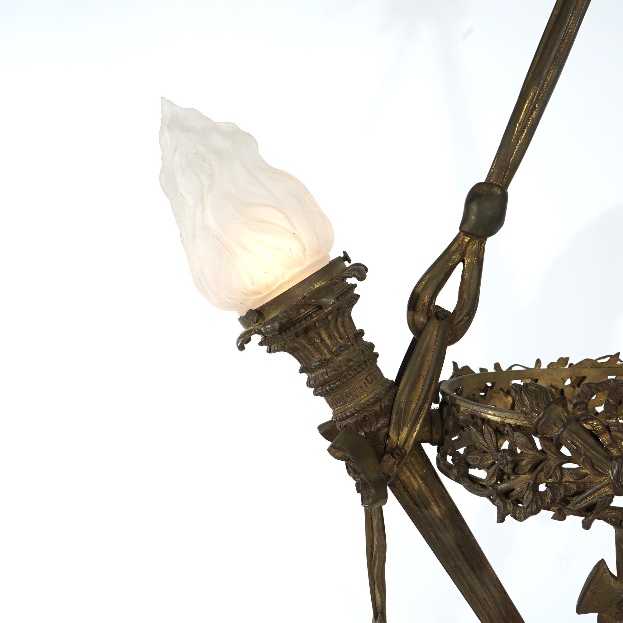 Antique Gilt Bronze French Empire Figural Four Light Torch Hanging Fixture C1920 For Sale 3