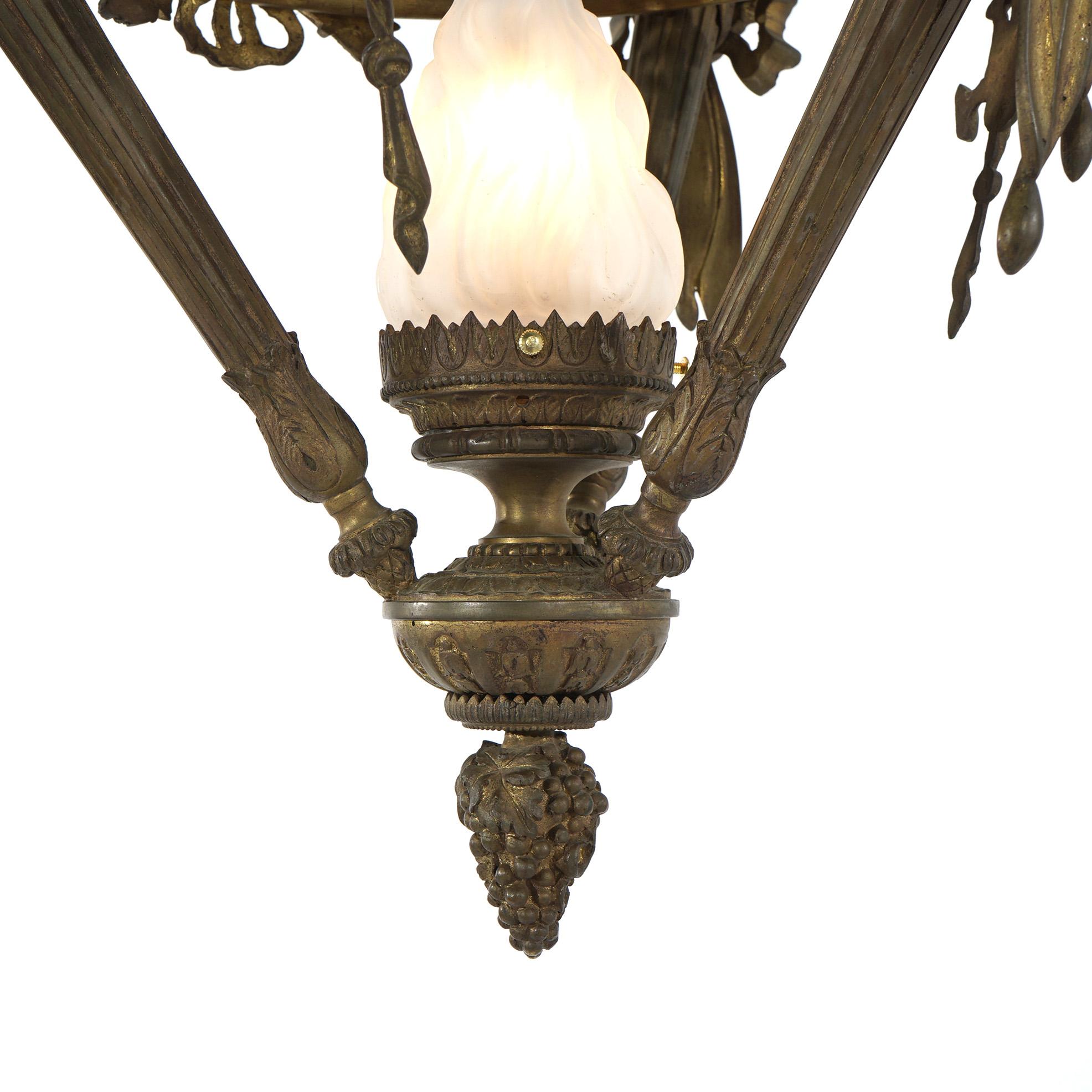 Antique Gilt Bronze French Empire Figural Four Light Torch Hanging Fixture C1920 For Sale 5