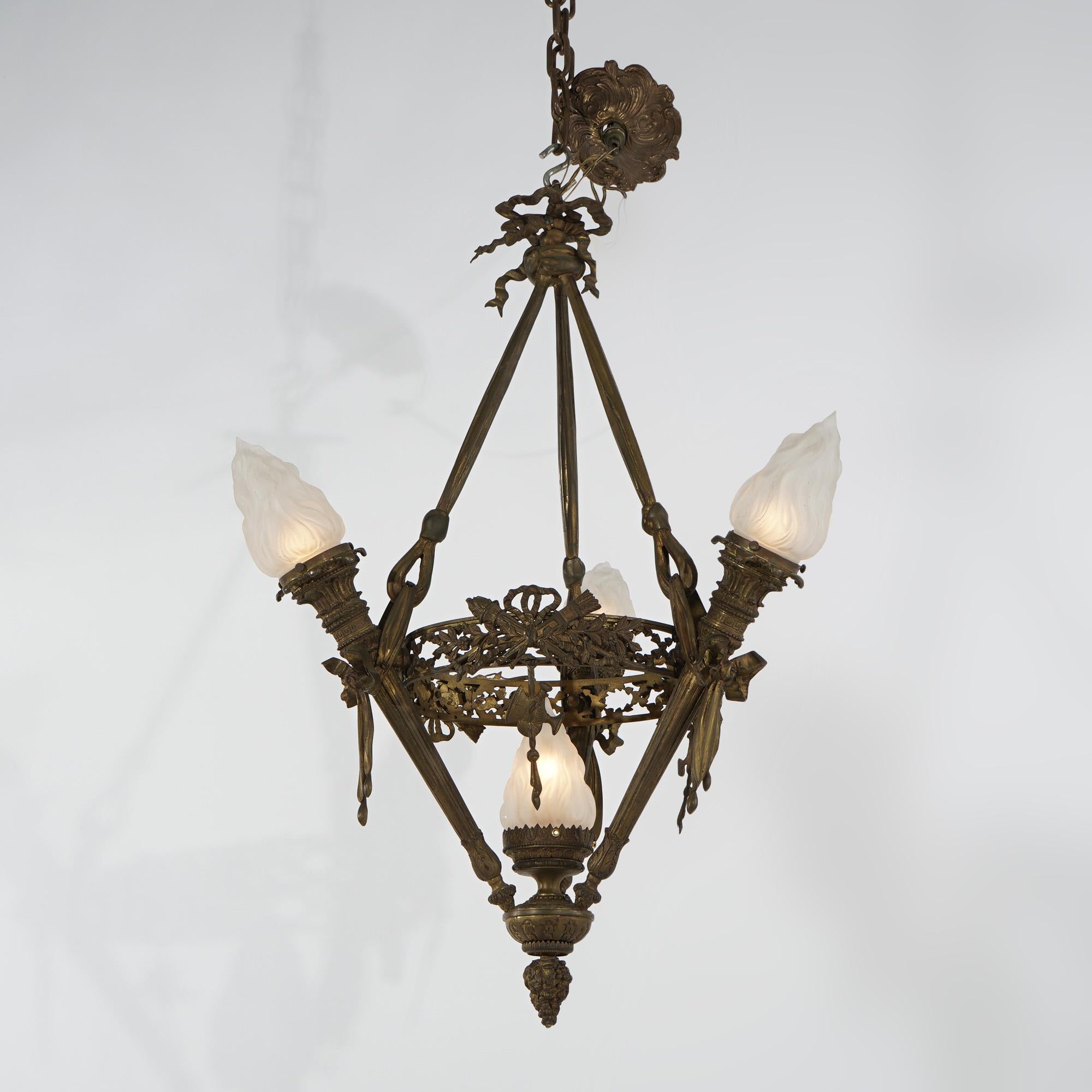 Antique Gilt Bronze French Empire Figural Four Light Torch Hanging Fixture C1920 For Sale 6
