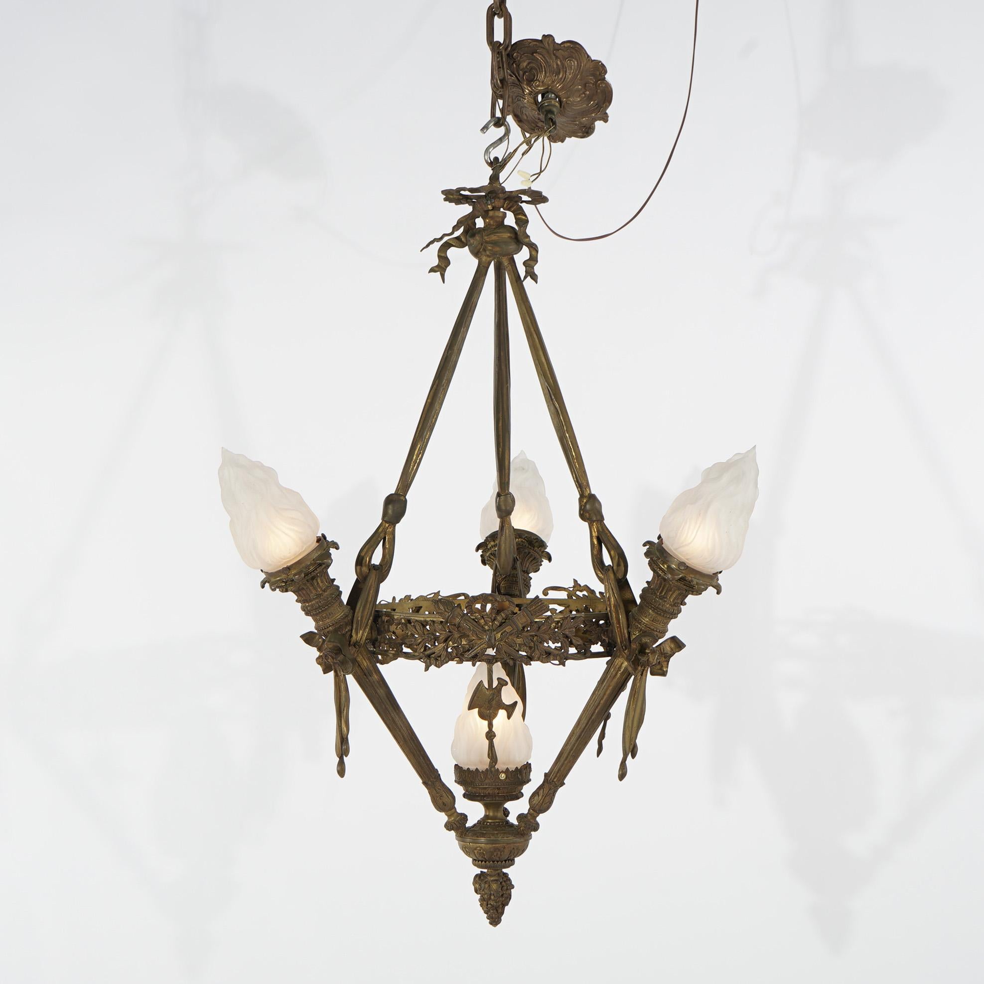 ***Ask About Discounted In-House Shipping***
Antique Gilt Bronze French Empire Figural Four Light Torch Hanging Fixture with Flame Form Shades Circa 1920

Measures - 57