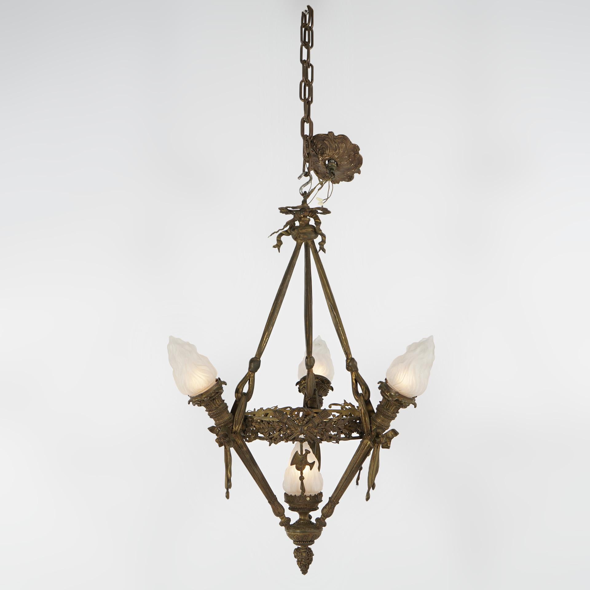 Gothic Revival Antique Gilt Bronze French Empire Figural Four Light Torch Hanging Fixture C1920 For Sale