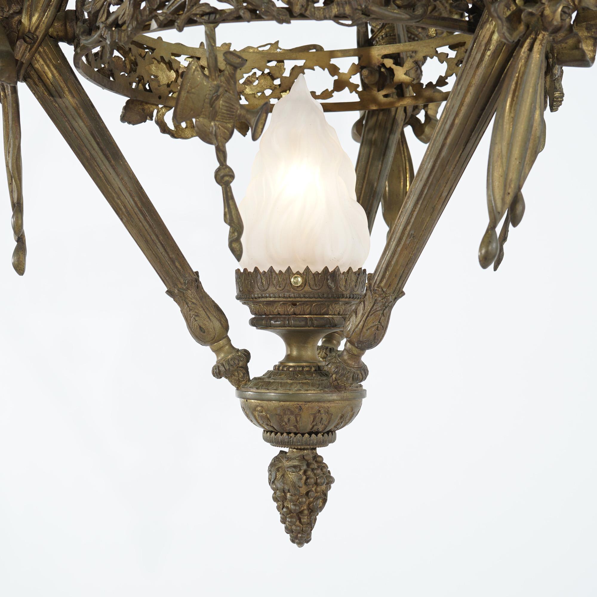 American Antique Gilt Bronze French Empire Figural Four Light Torch Hanging Fixture C1920 For Sale