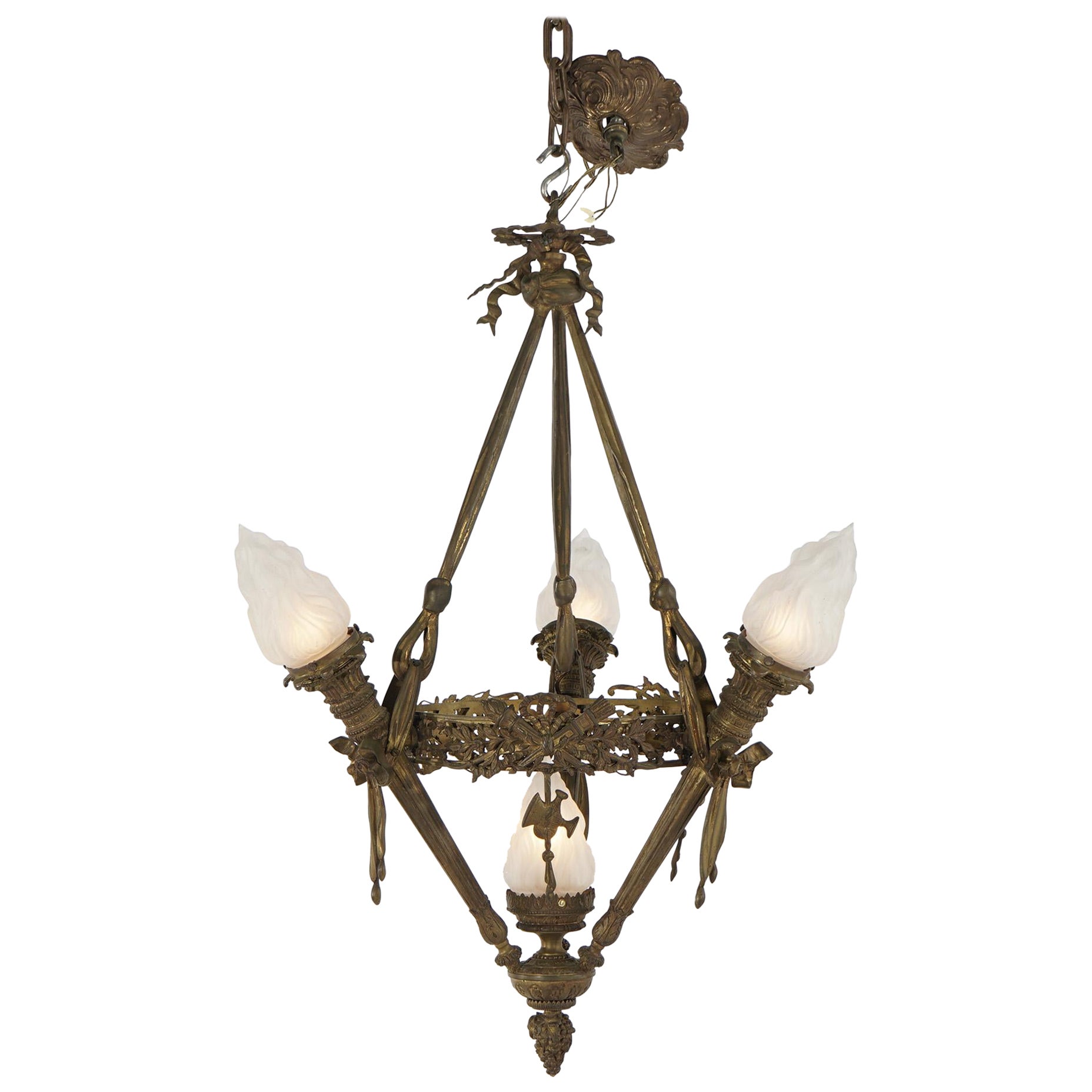 Antique Gilt Bronze French Empire Figural Four Light Torch Hanging Fixture C1920