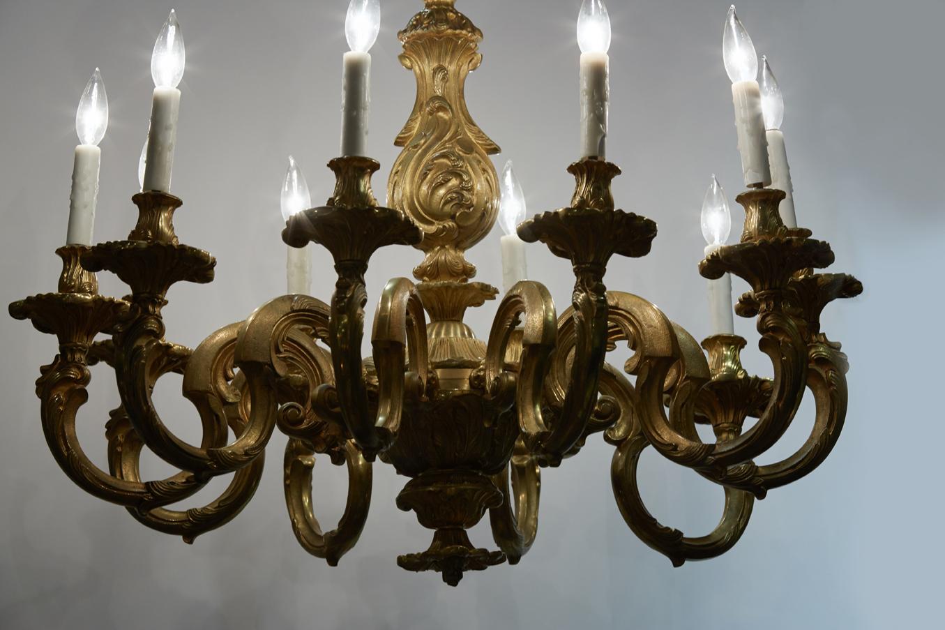Substantial gilt bronze Regence style chandelier. The bronze is finely chased and gilt.