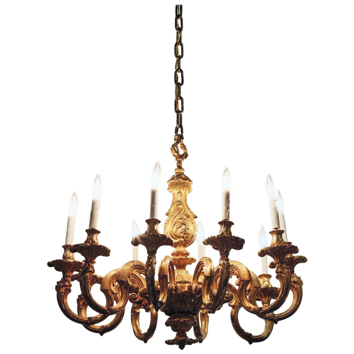 Antique Gilt Bronze French Regence Style 10-Light Bronze Chandelier For Sale