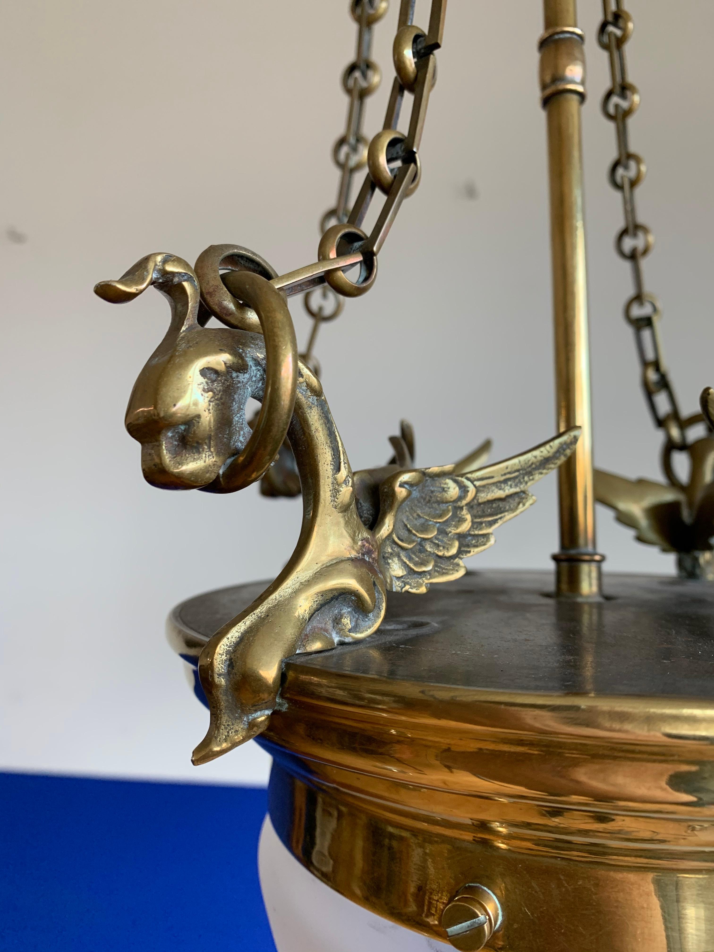 Antique Gilt Bronze & Glass Gothic Revival Pendant Light with Chimera Sculptures For Sale 1