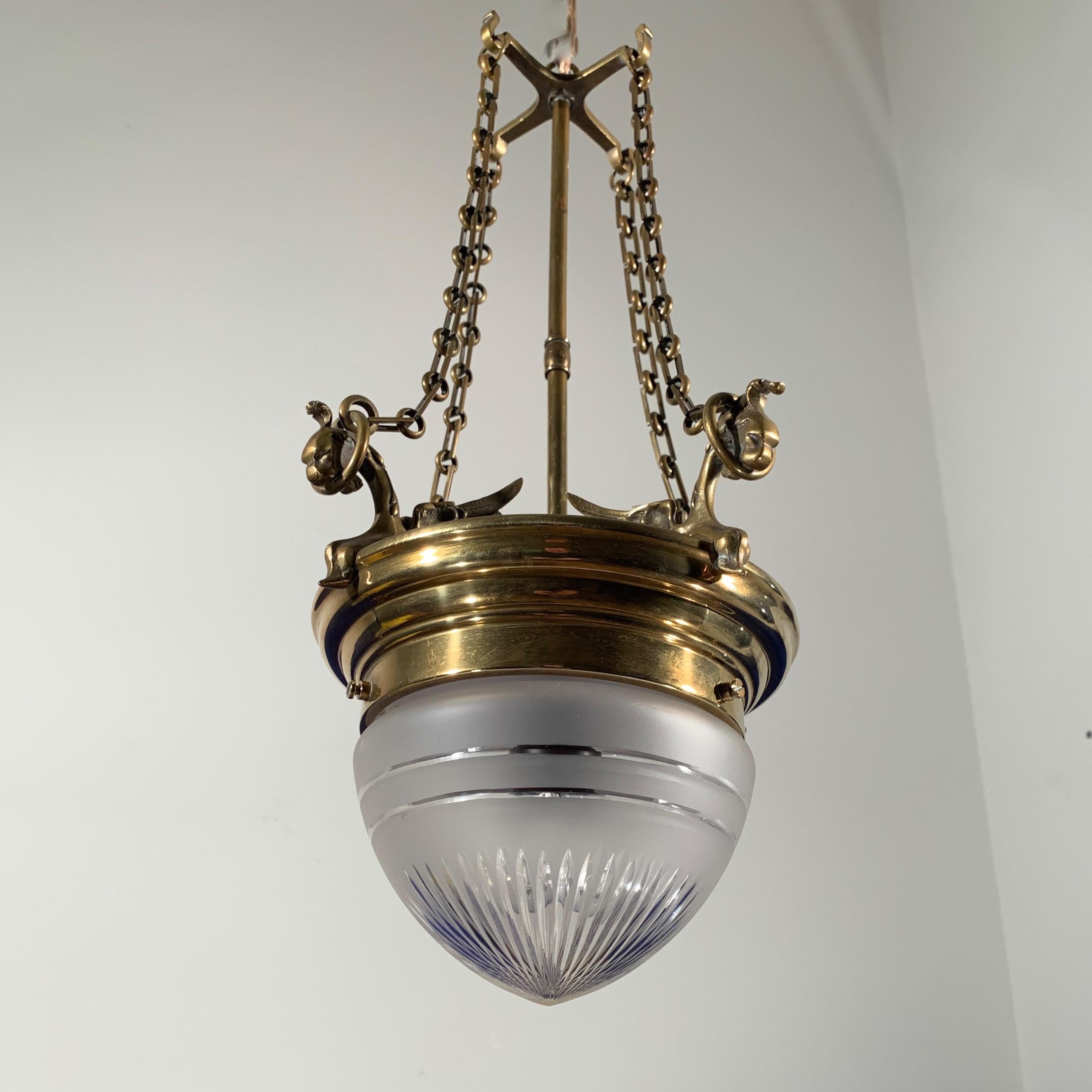 Antique Gilt Bronze & Glass Gothic Revival Pendant Light with Chimera Sculptures For Sale 4