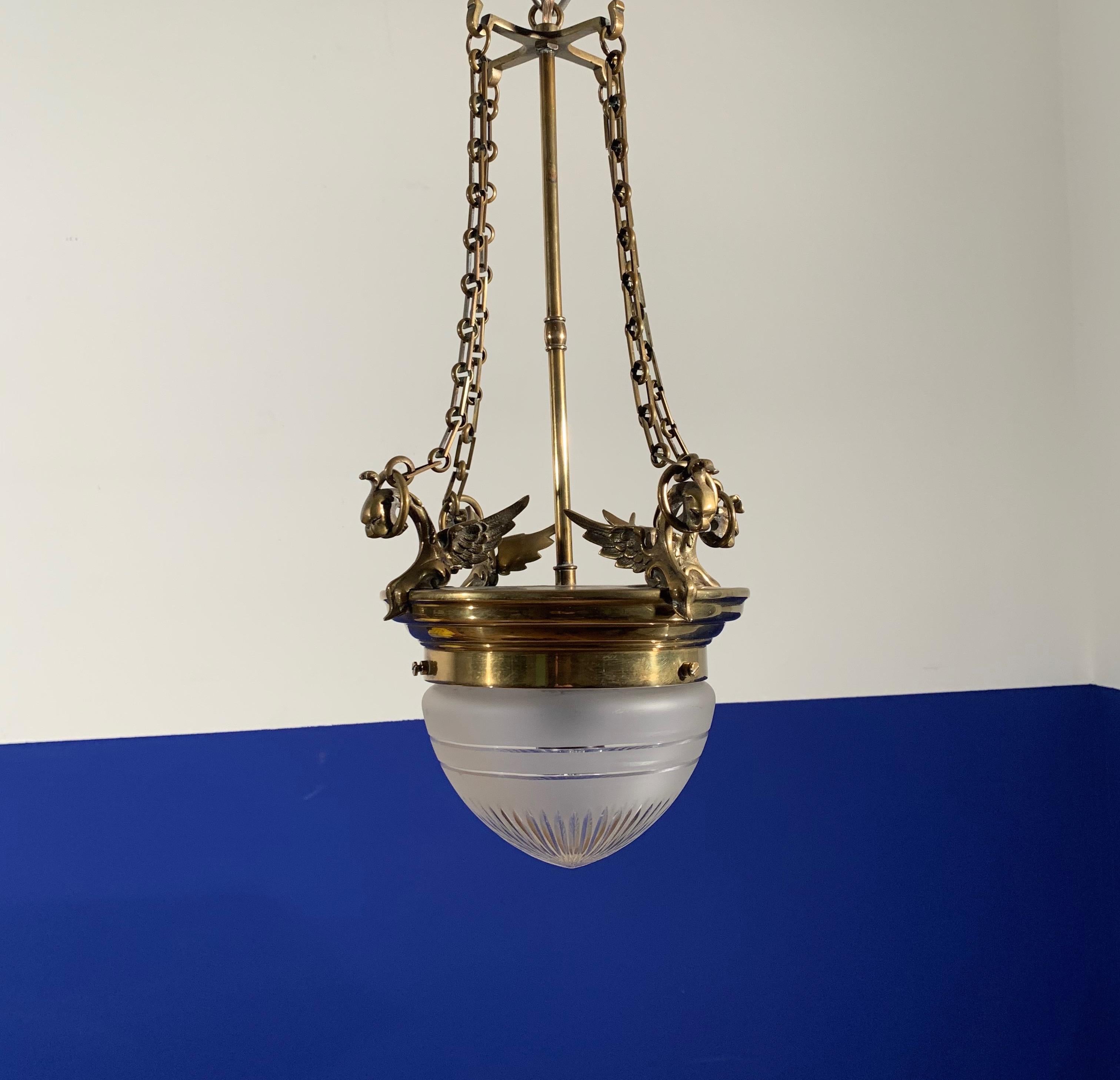 Antique Gilt Bronze & Glass Gothic Revival Pendant Light with Chimera Sculptures For Sale 7