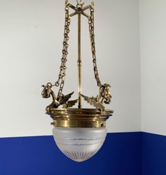 Antique Gilt Bronze & Glass Gothic Revival Pendant Light with Chimera Sculptures