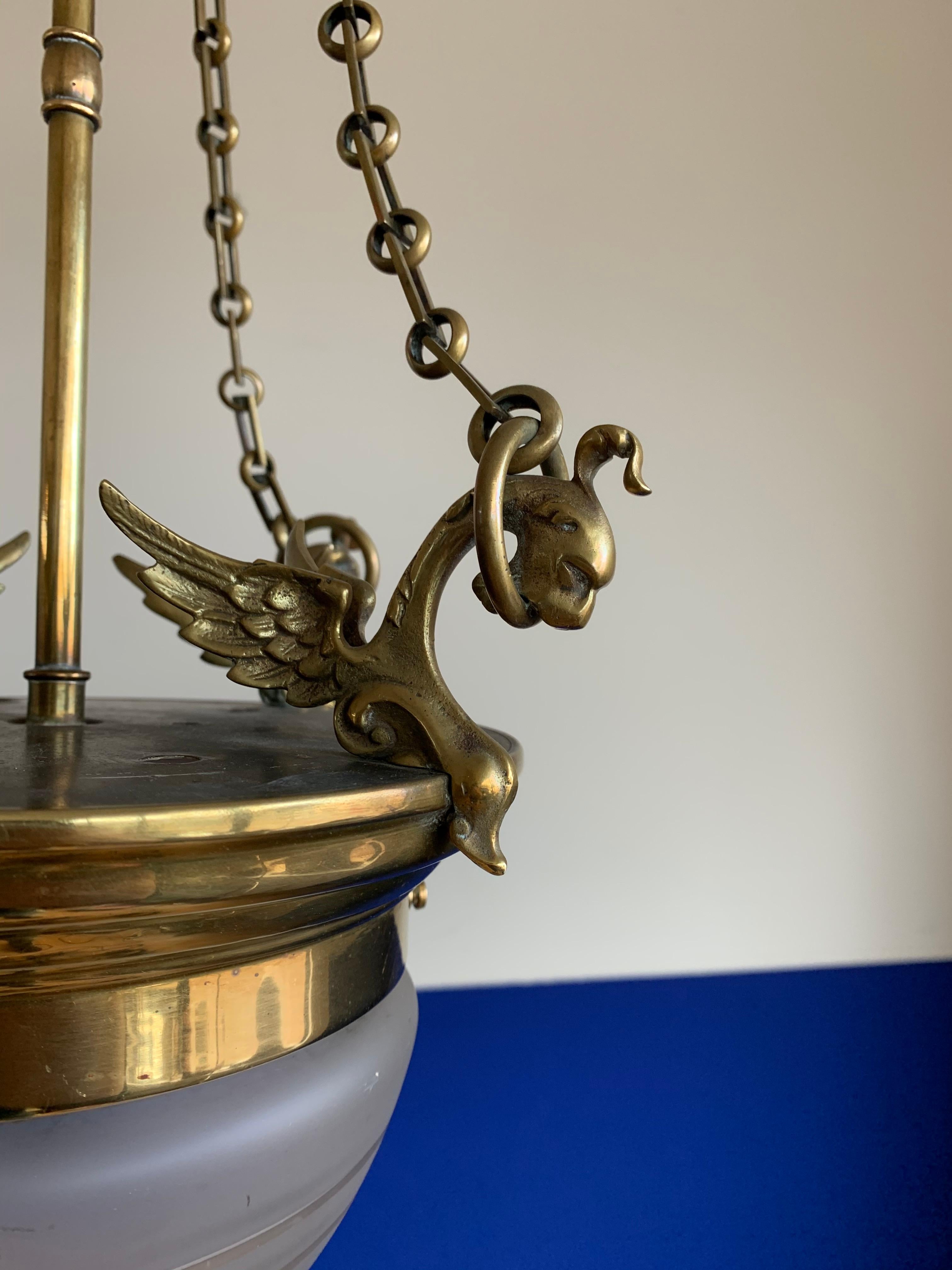 Antique Gilt Bronze & Glass Gothic Revival Pendant Light with Chimera Sculptures In Good Condition For Sale In Lisse, NL