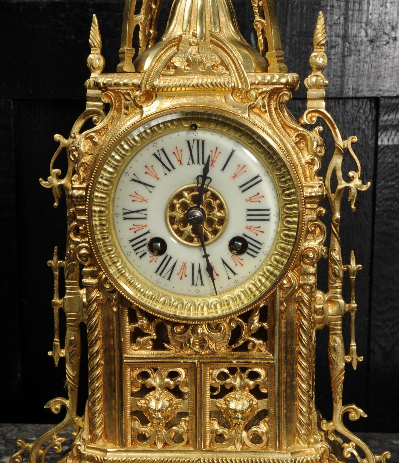 Antique Gilt Bronze Gothic Clock 7
