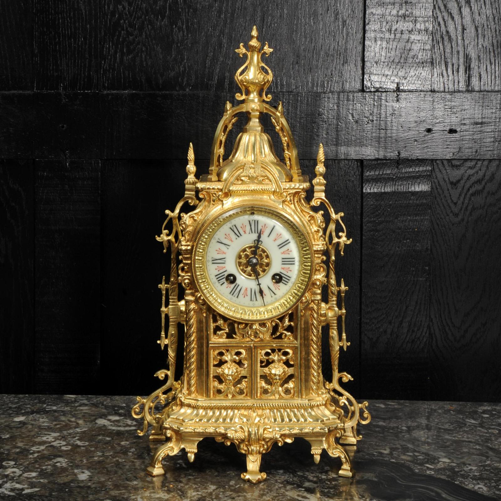 A lovely decorative Gothic clock, dating from circa 1900, by the famous bronze foundry Compagnie Des Bronzes of Molenbeek-Saint-Jean, Brussels and the movement by A D Mougin. The front is formed of a panel of pierced tracery with lions masks and