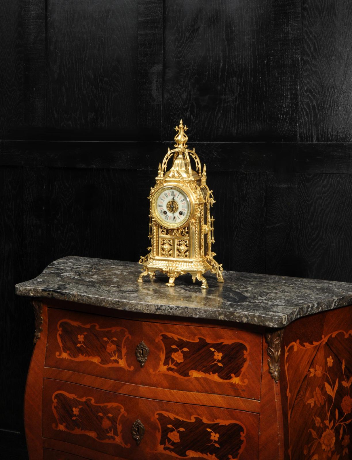 French Antique Gilt Bronze Gothic Clock