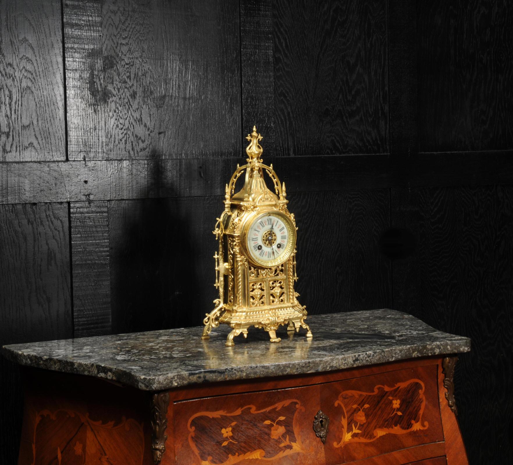 Antique Gilt Bronze Gothic Clock In Good Condition In Belper, Derbyshire