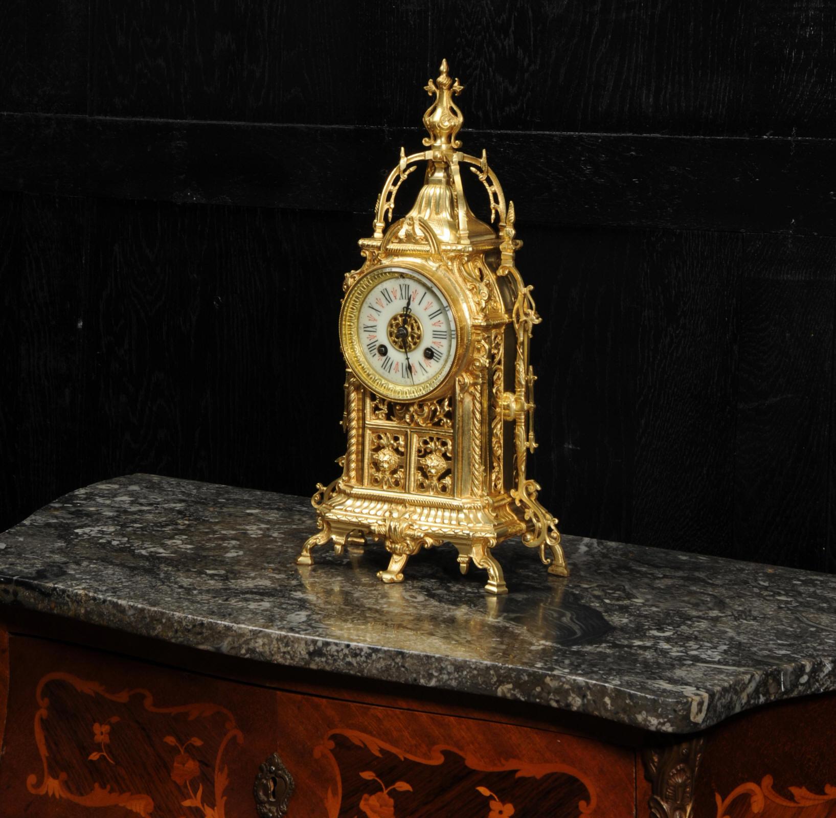 19th Century Antique Gilt Bronze Gothic Clock