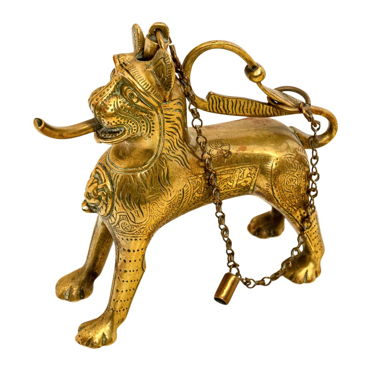 Antique Gilt Bronze Islamic Calligraphy Lion Table Lighter Lamp Aquamanile 1860 For Sale 5