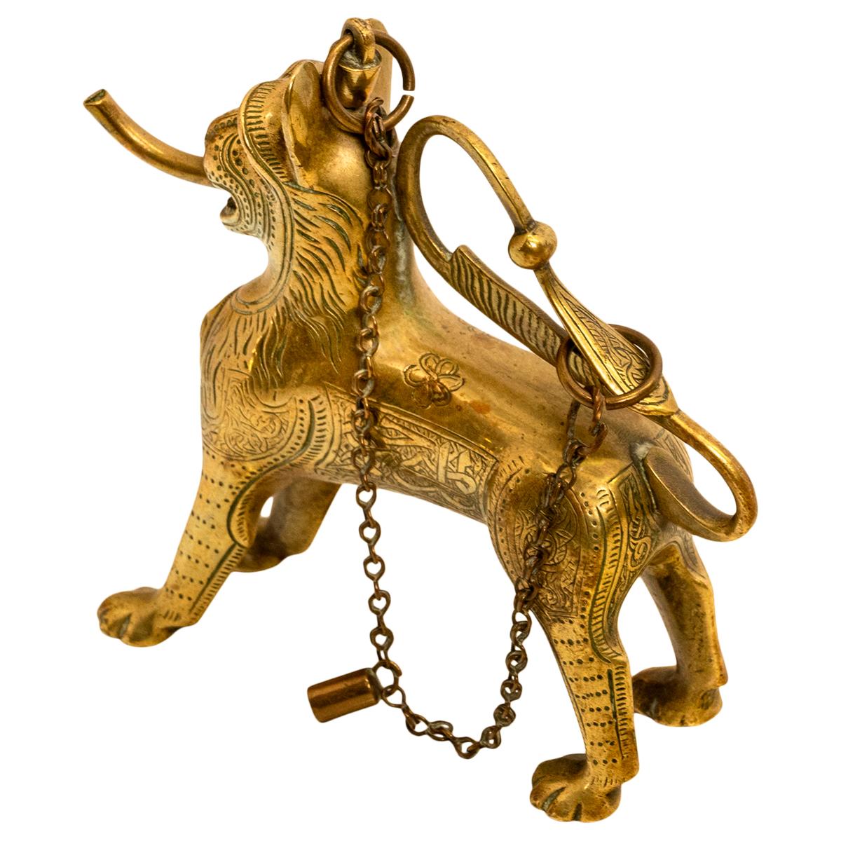 Antique Gilt Bronze Islamic Calligraphy Lion Table Lighter Lamp Aquamanile 1860 For Sale 6